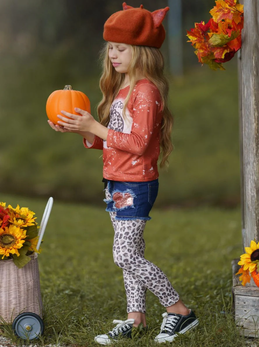 Posh Pumpkin Top, Patched Denim Shorts and Legging Set - Image 2