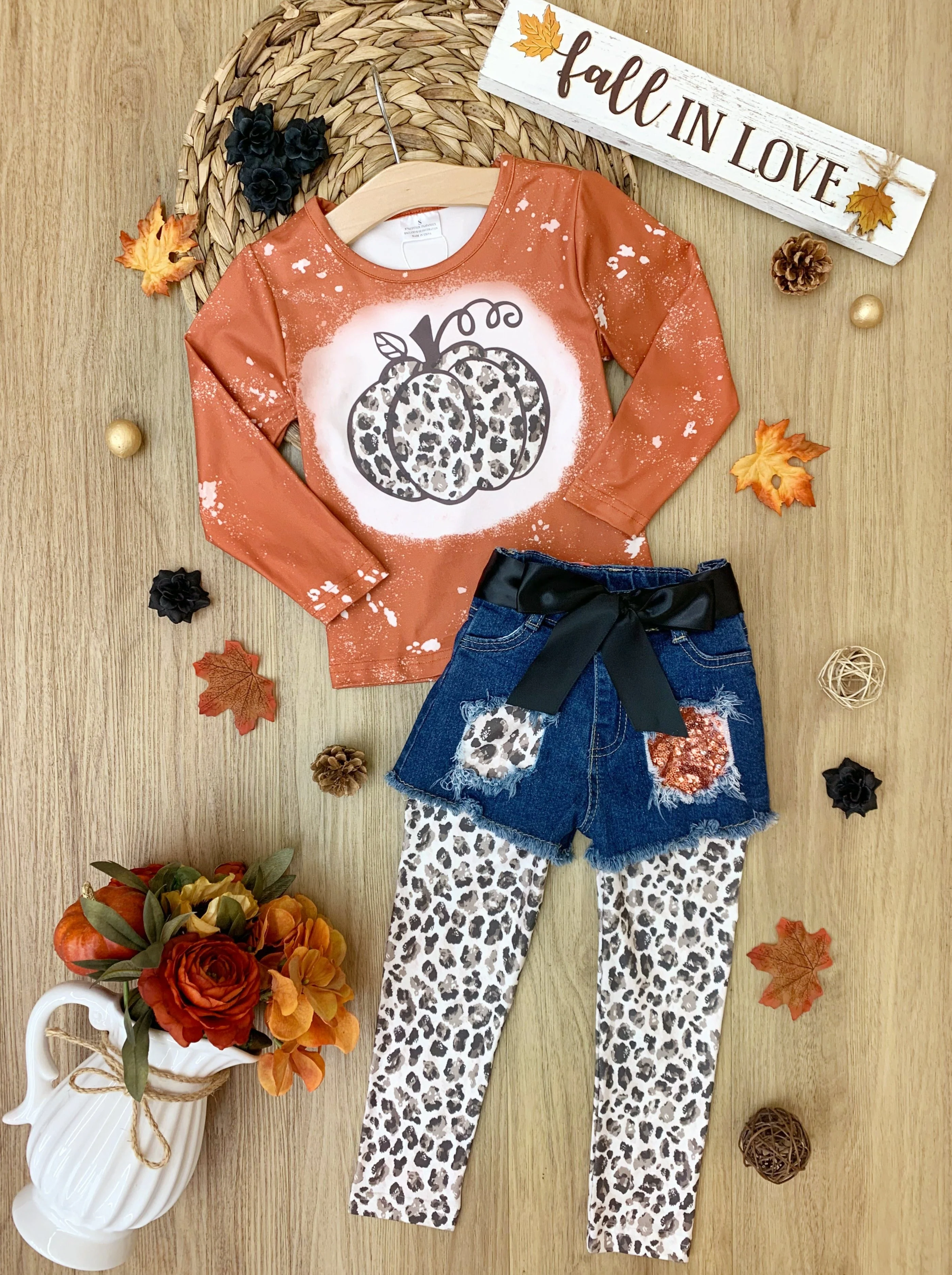 Posh Pumpkin Top, Patched Denim Shorts and Legging Set - Image 4