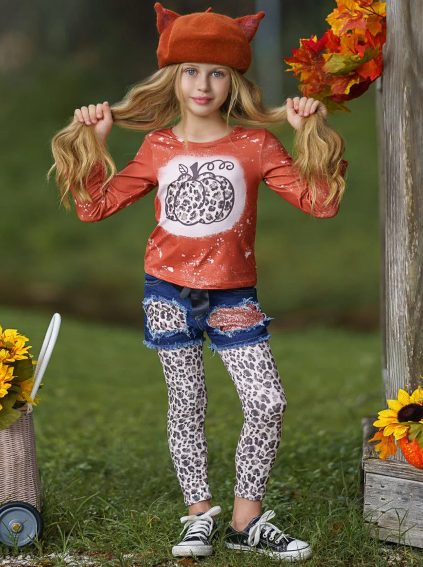 Posh Pumpkin Top, Patched Denim Shorts and Legging Set - Image 5