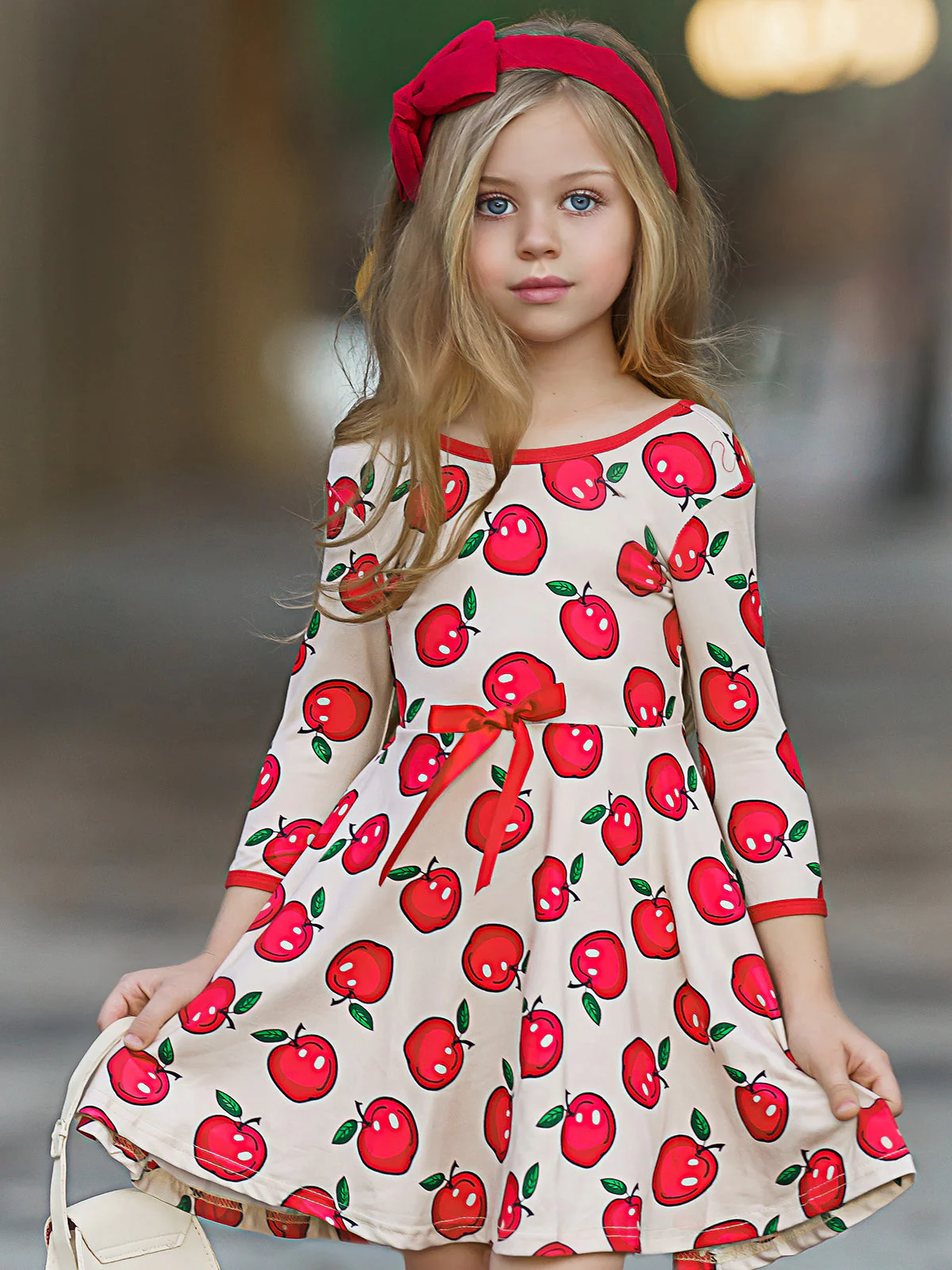Girls Trimmed Scoop Back Twirl Apple Printed Dress - Image 2