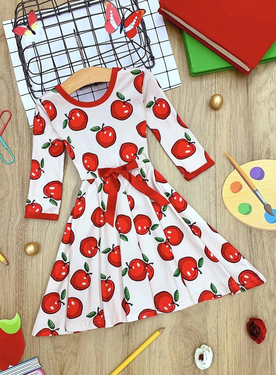 Girls Trimmed Scoop Back Twirl Apple Printed Dress - Image 3