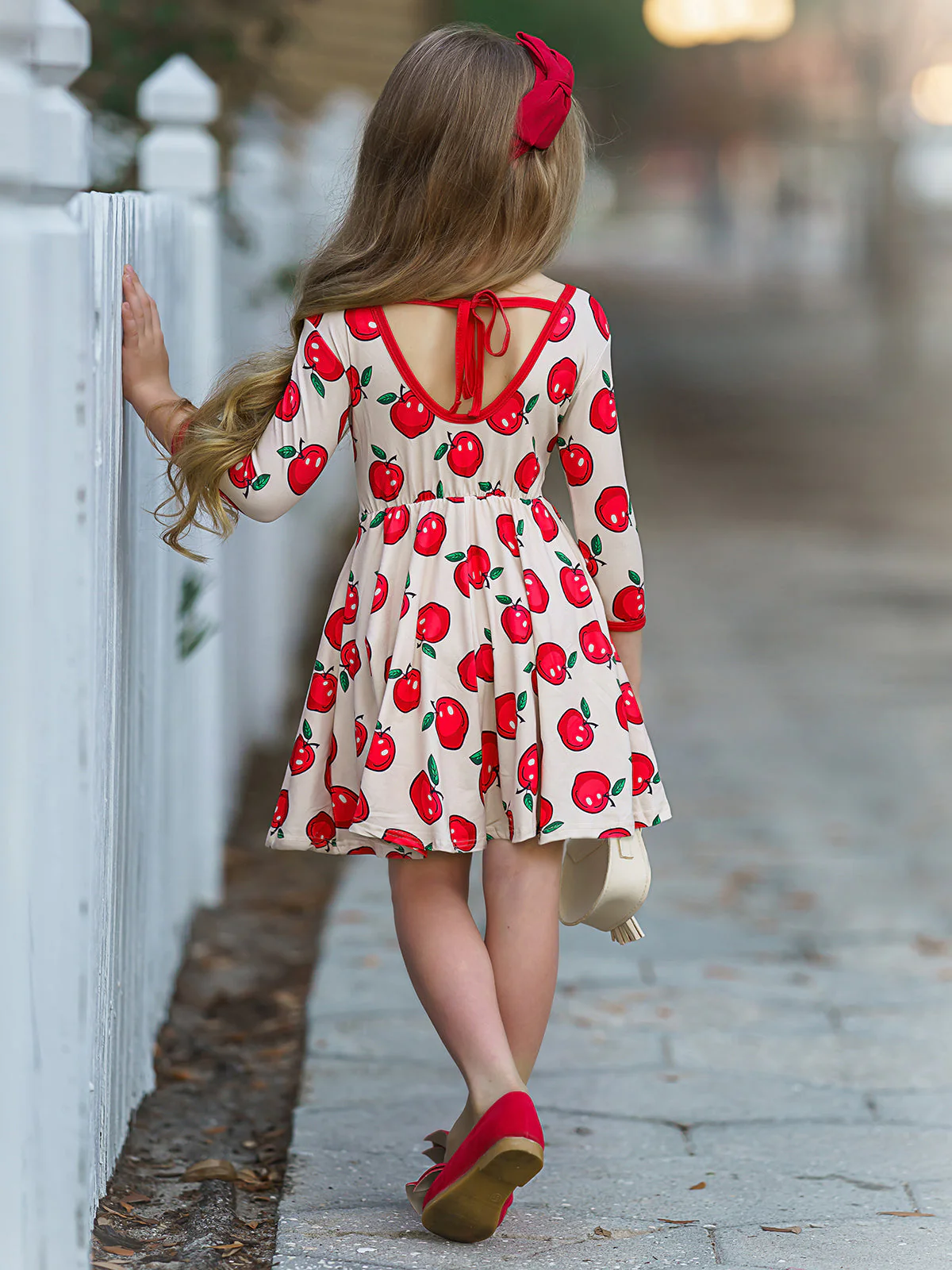 Girls Trimmed Scoop Back Twirl Apple Printed Dress - Image 4