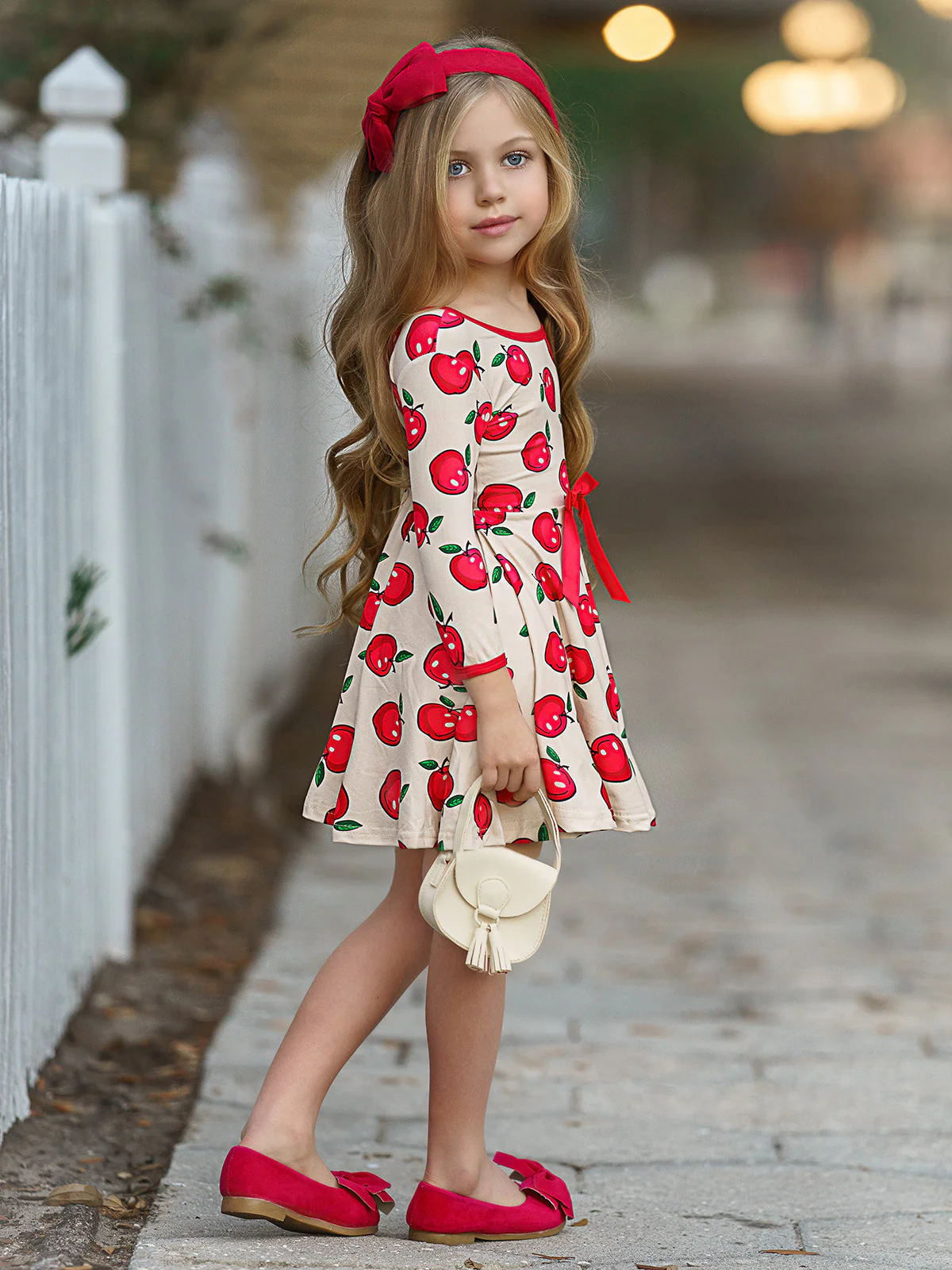 Girls Trimmed Scoop Back Twirl Apple Printed Dress - Image 5