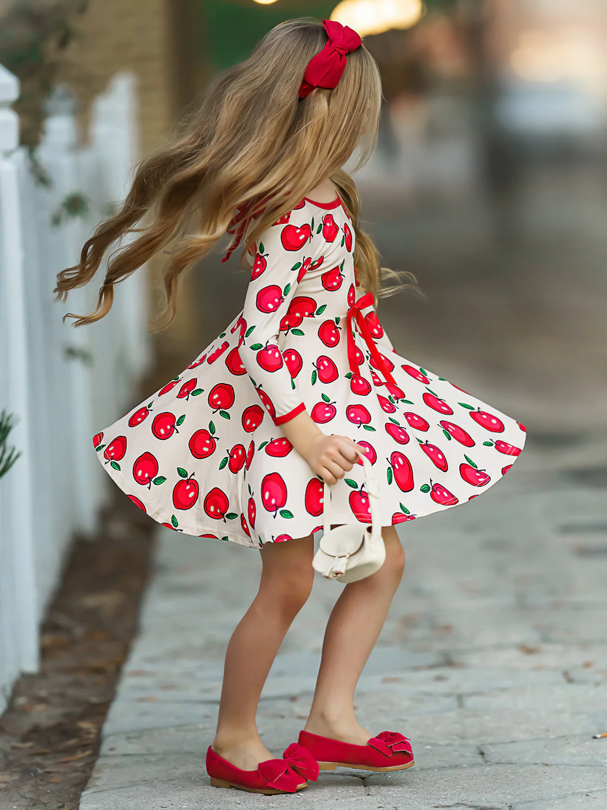 Girls Trimmed Scoop Back Twirl Apple Printed Dress - Image 6
