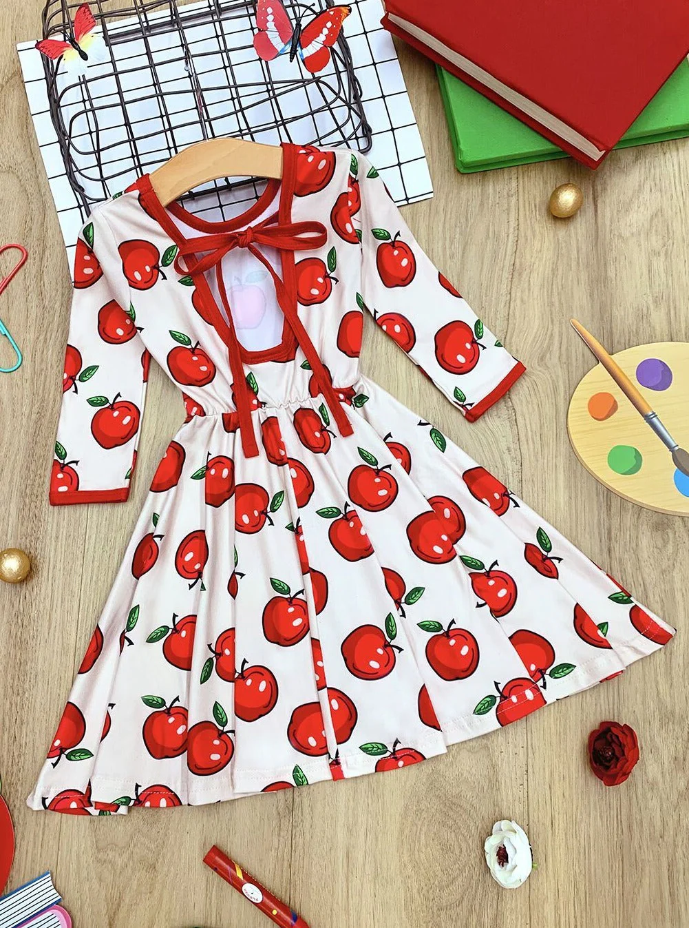 Girls Trimmed Scoop Back Twirl Apple Printed Dress - Image 7