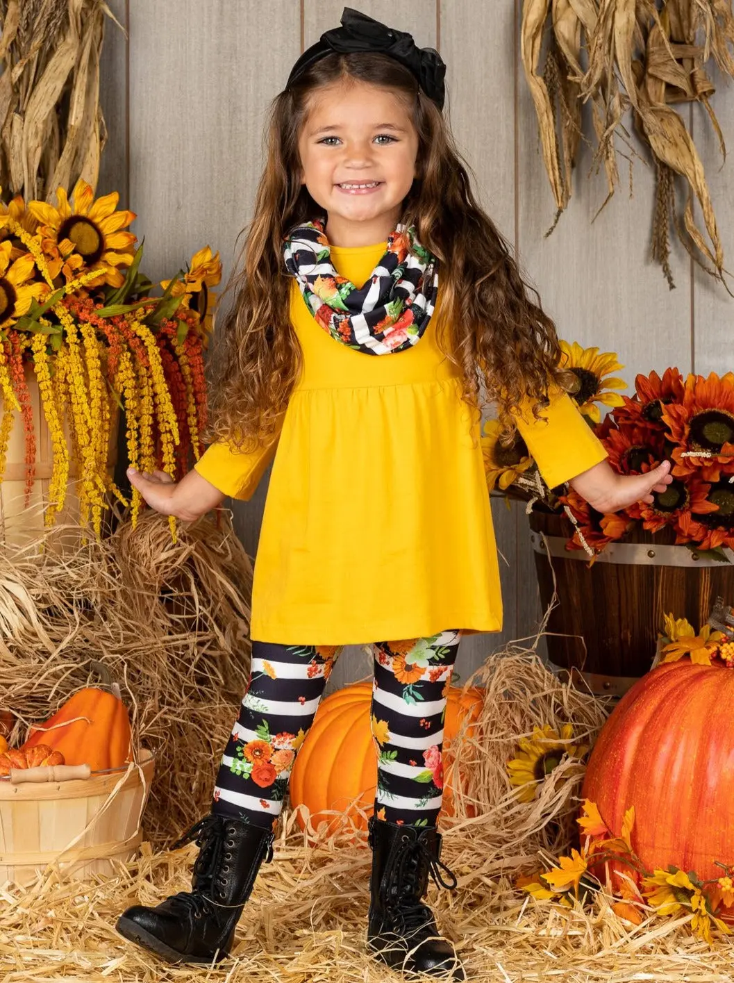 Chic Floral Stripe Tunic, Legging and Scarf Set - Image 3