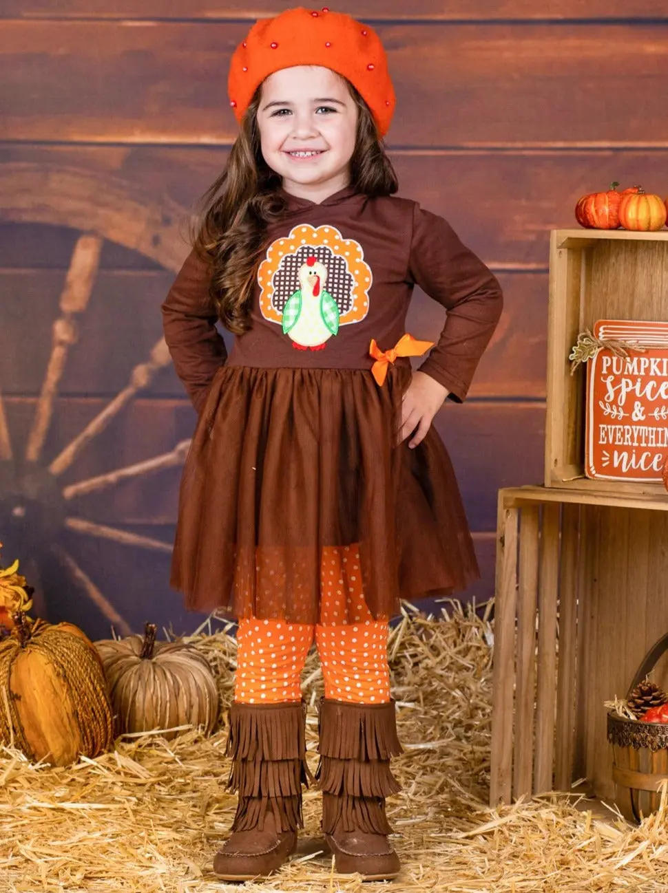 Girls Turkey Peplum Tutu Hoodie and Polka Dot Legging Set - Image 2