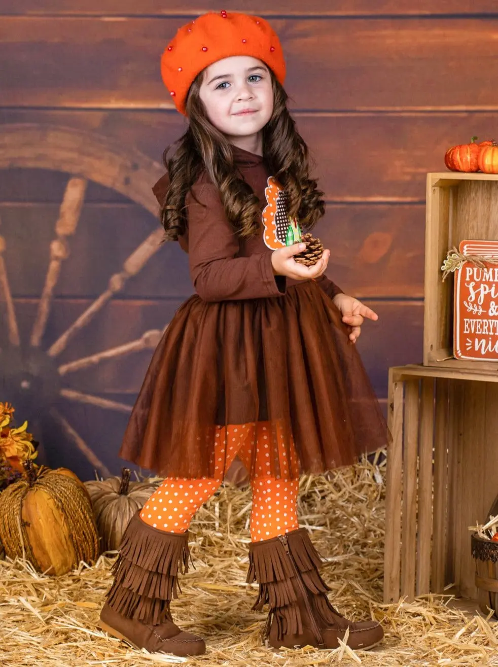 Girls Turkey Peplum Tutu Hoodie and Polka Dot Legging Set - Image 3