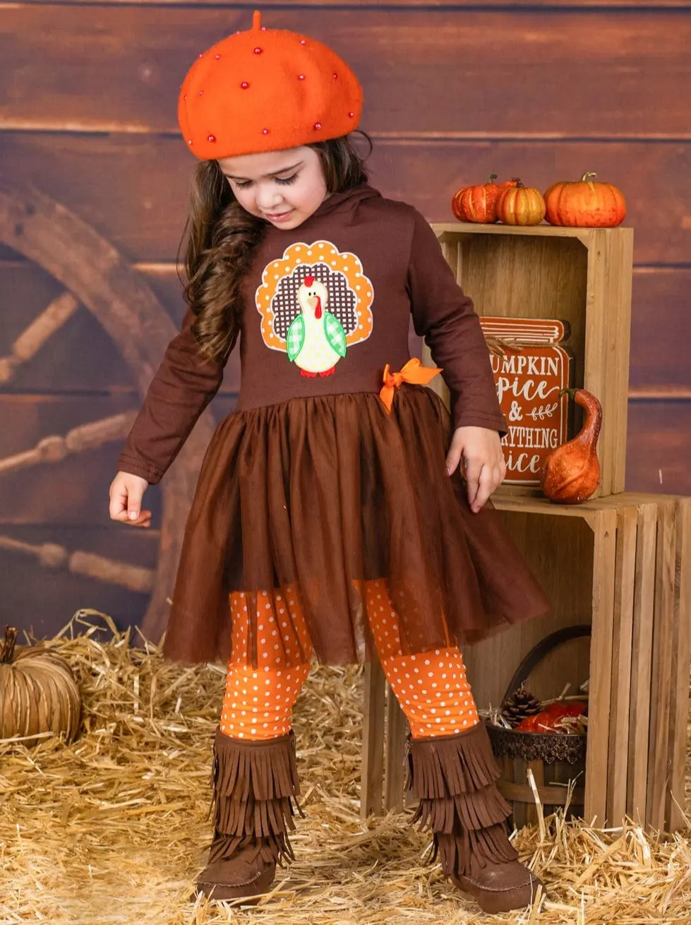 Girls Turkey Peplum Tutu Hoodie and Polka Dot Legging Set - Image 4
