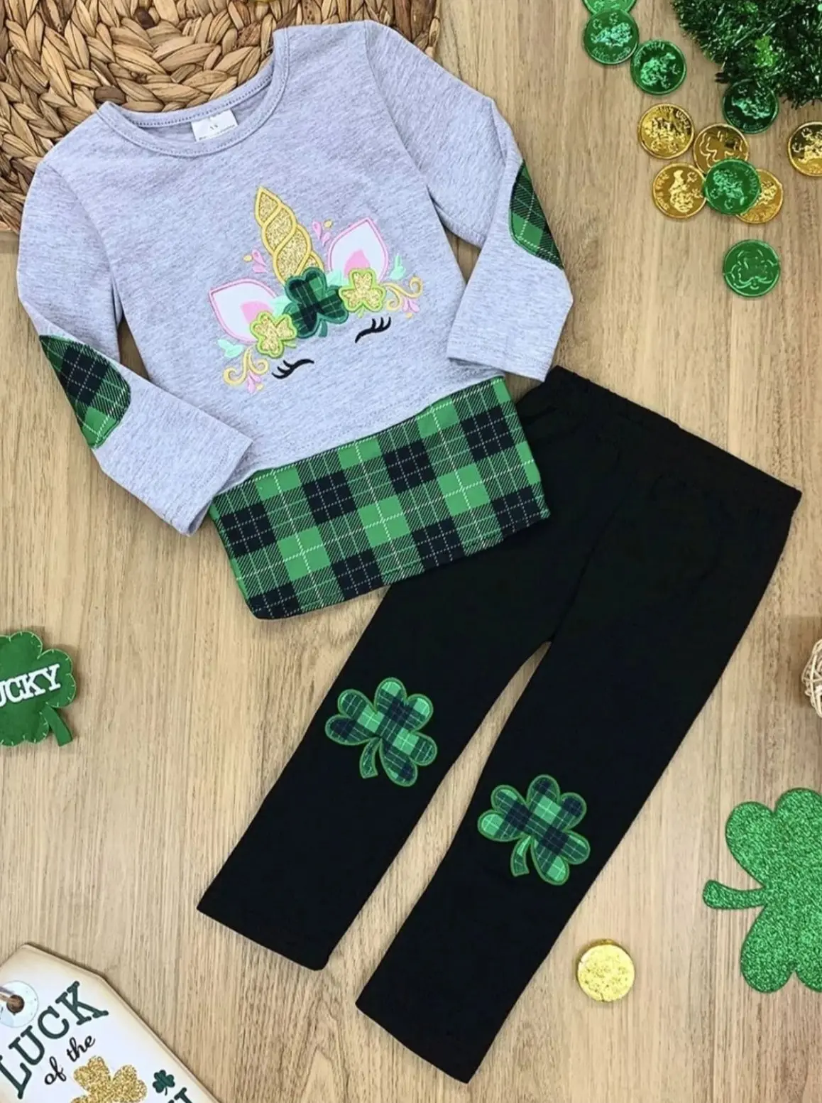 Clover Unicorn Plaid Patch Legging Set - Image 3