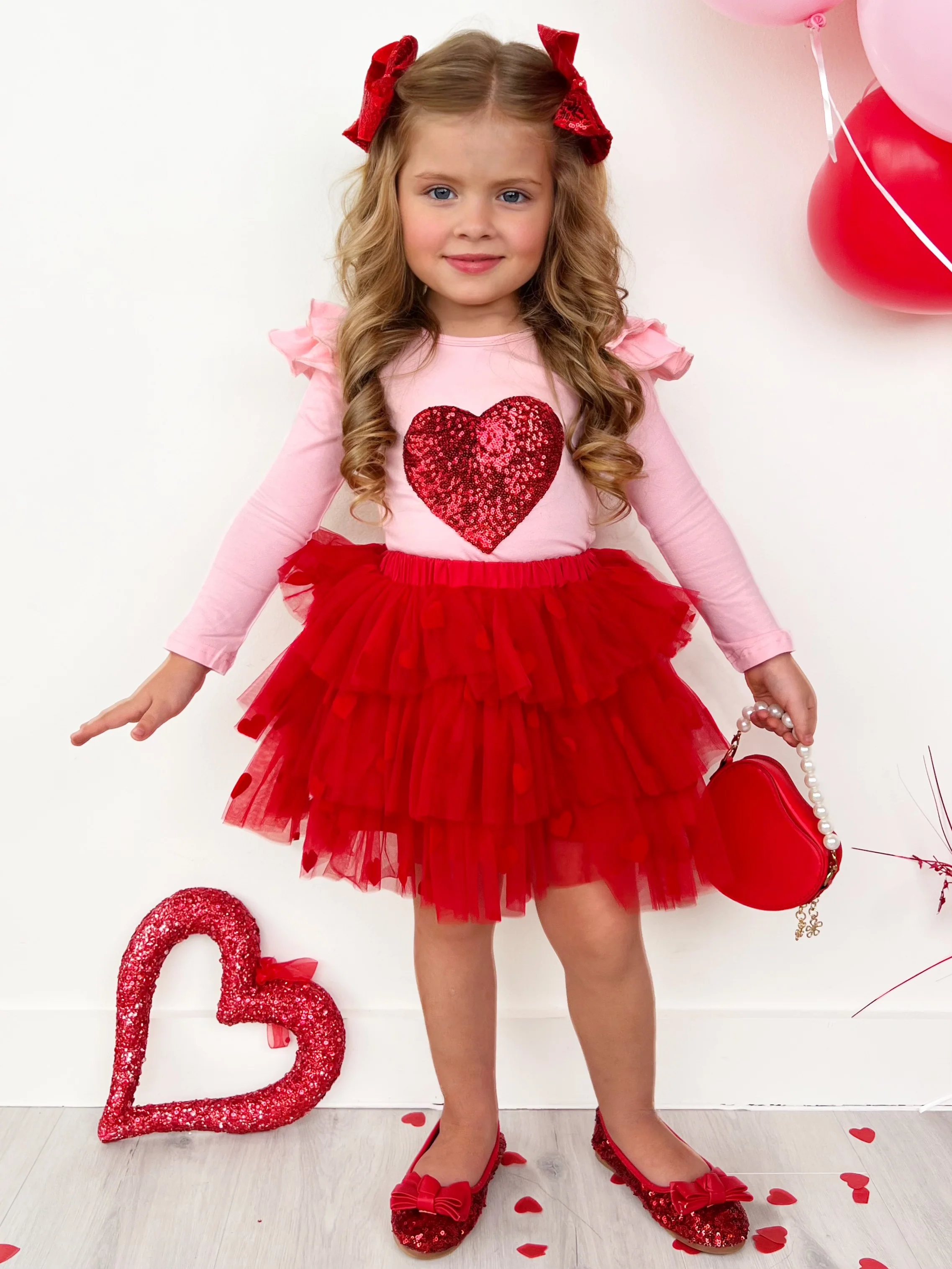 Sparkling Heart Ruffle Shoulder Top and Tiered Skirt Set - Image 2