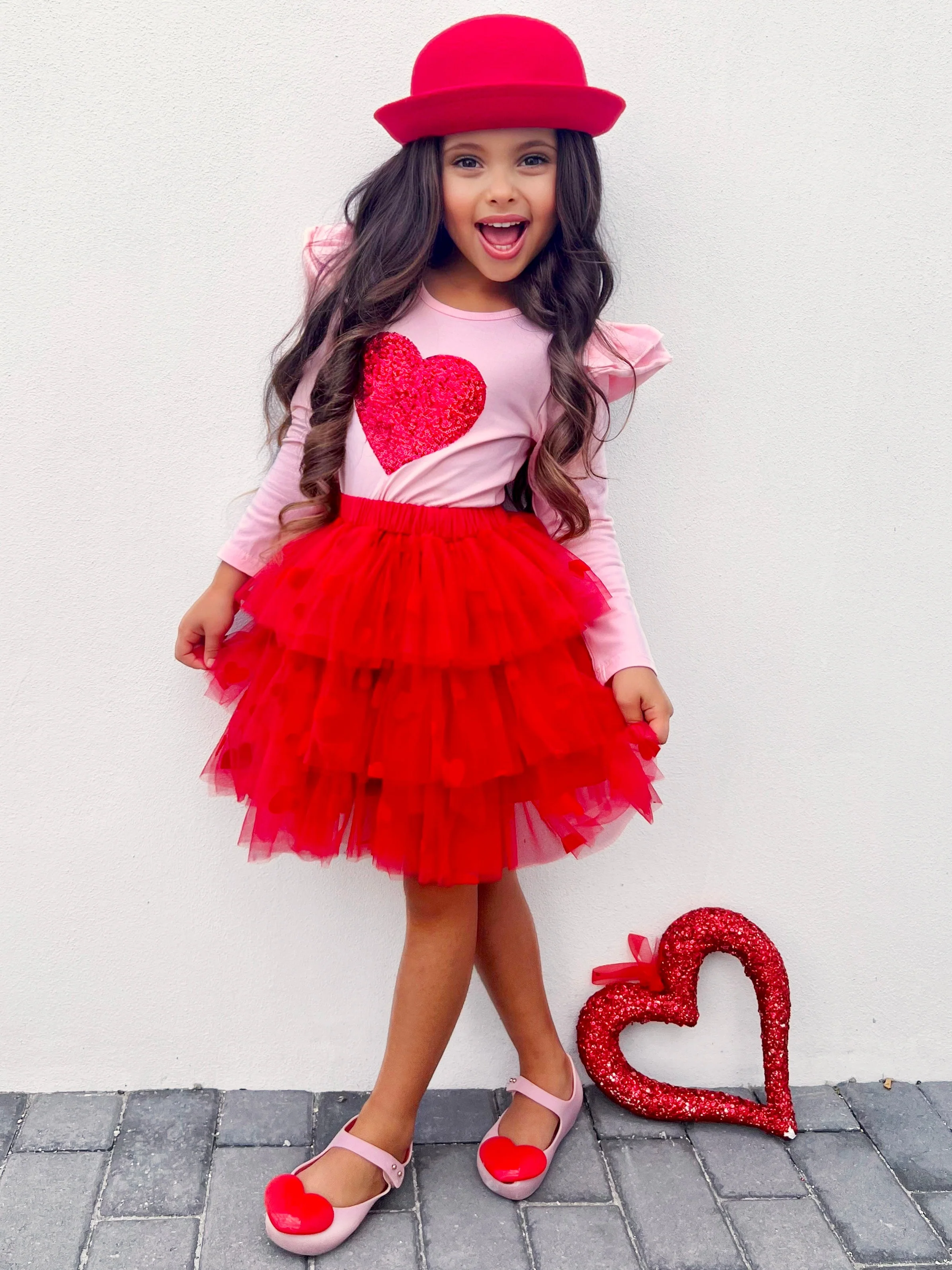 Sparkling Heart Ruffle Shoulder Top and Tiered Skirt Set - Image 3
