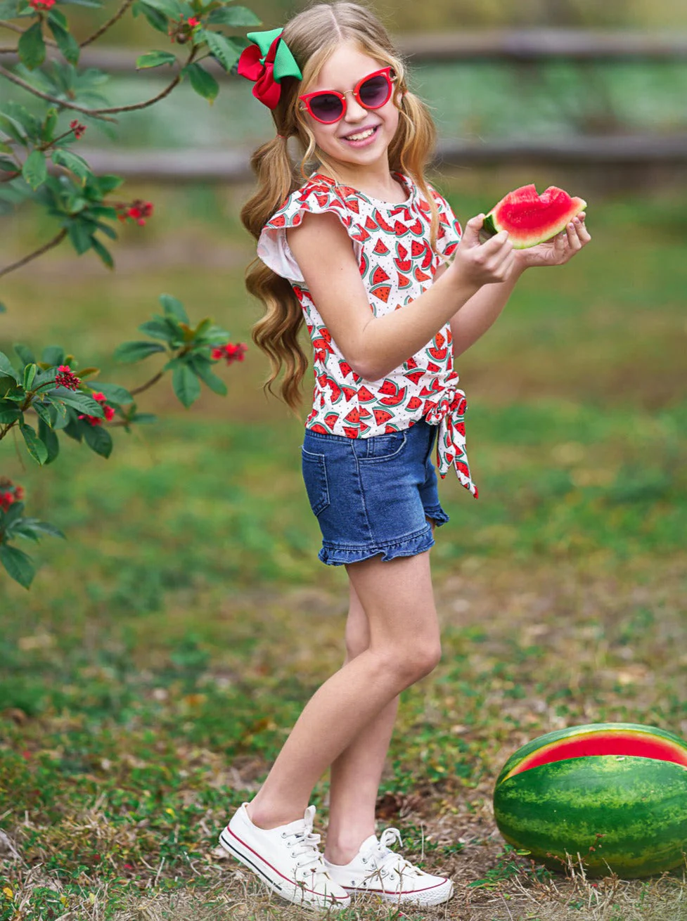 Watermelon Heaven Ruffle Denim Short Set - Image 3