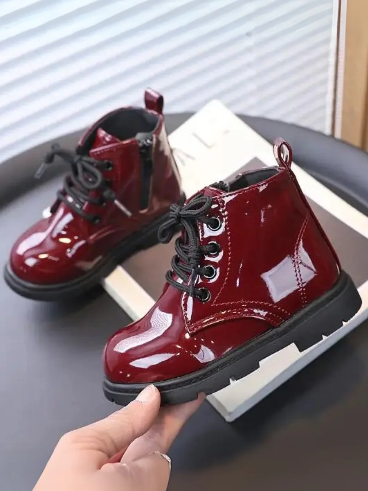 Girls Faux Leather Combat Boots - Image 2