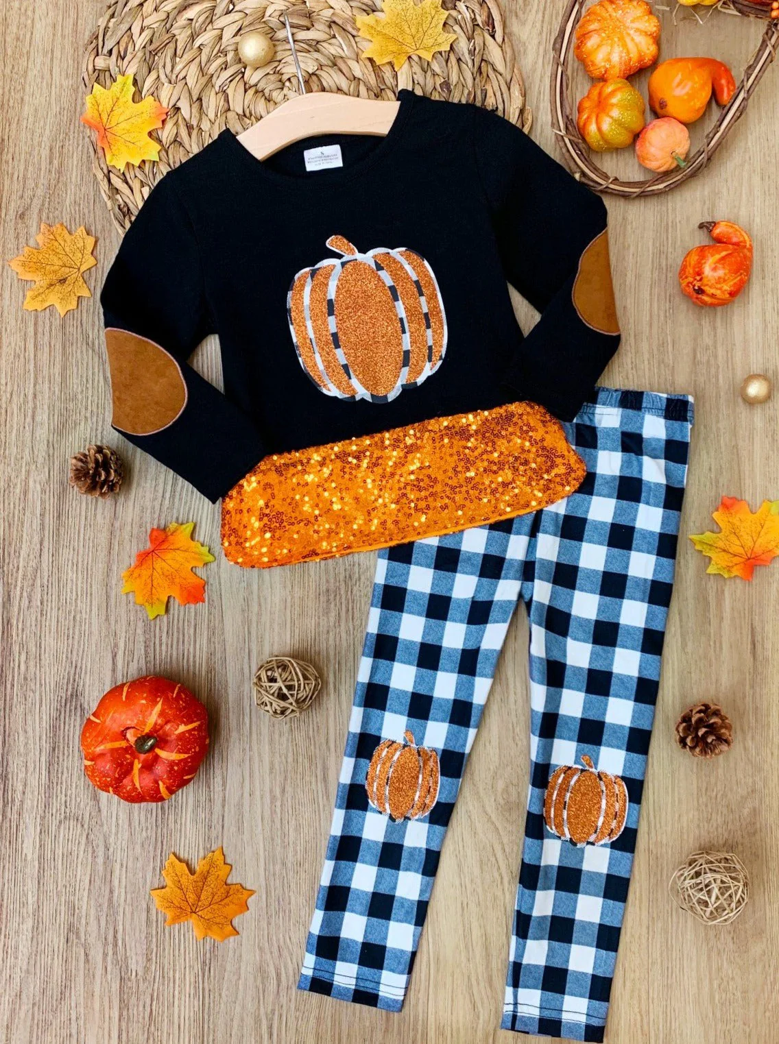 Sparkle Pumpkin Patch Tunic and Patched Plaid Legging Set - Image 3