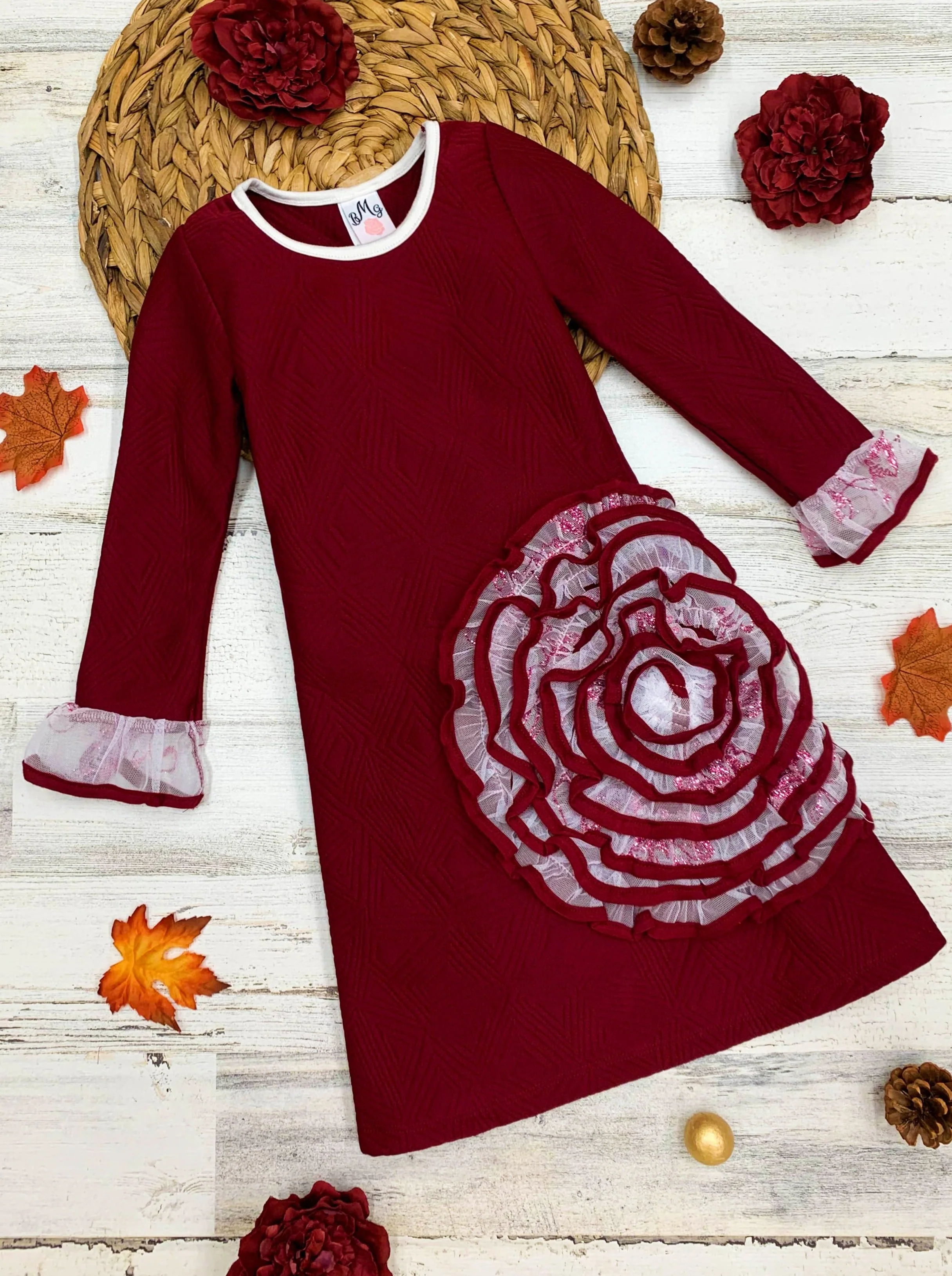 Girls "What In Carnation" Mesh Cuff Long Sleeve Dress - Image 2