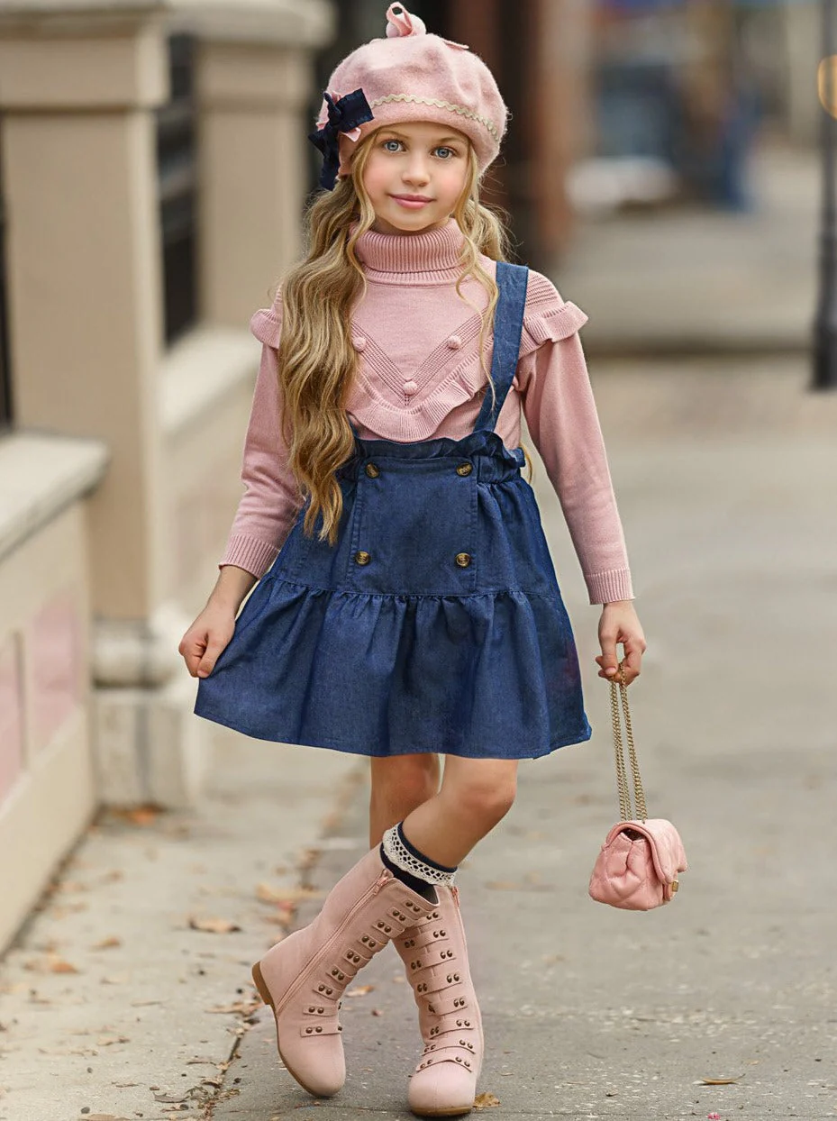 Take Note Turtleneck and Chambray Overall Skirt Set - Image 2