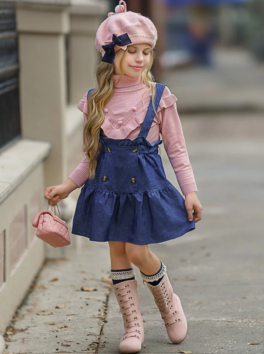 Take Note Turtleneck and Chambray Overall Skirt Set - Image 4