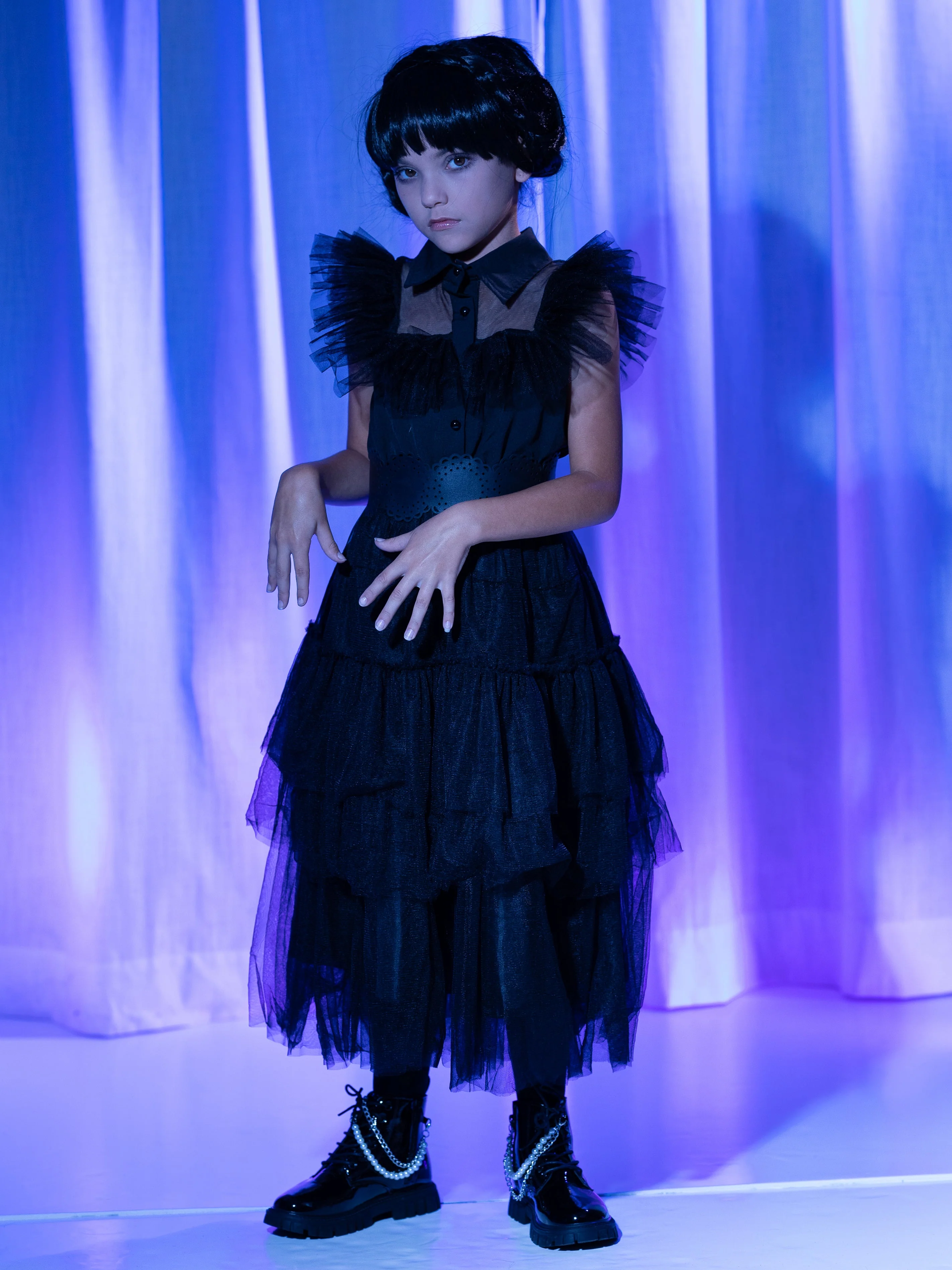 Girls Wednesday Prom Dance Tulle Costume Dress with Belt - Image 11