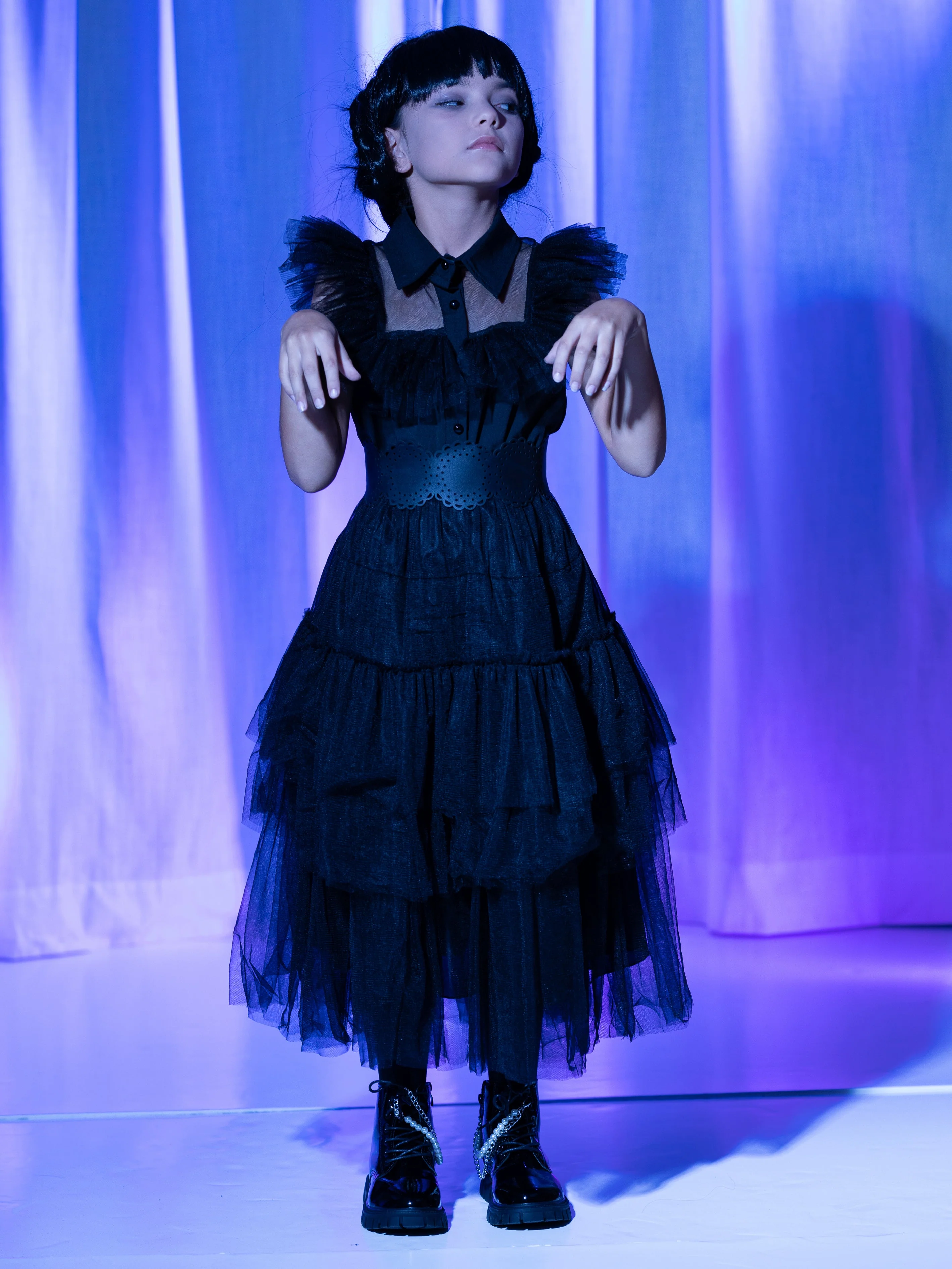 Girls Wednesday Prom Dance Tulle Costume Dress with Belt - Image 12