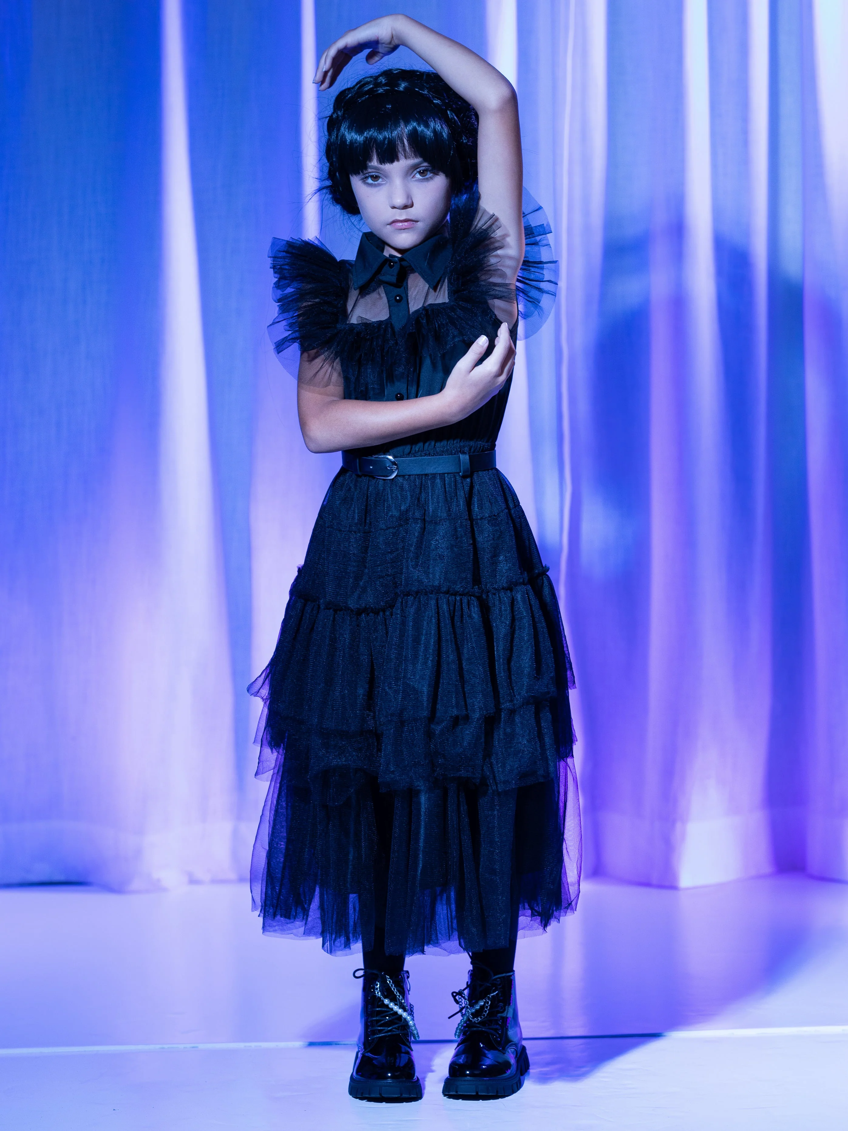 Girls Wednesday Prom Dance Tulle Costume Dress with Belt - Image 14