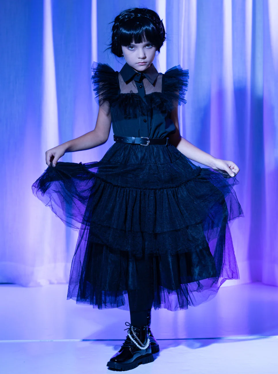Girls Wednesday Prom Dance Tulle Costume Dress with Belt - Image 3