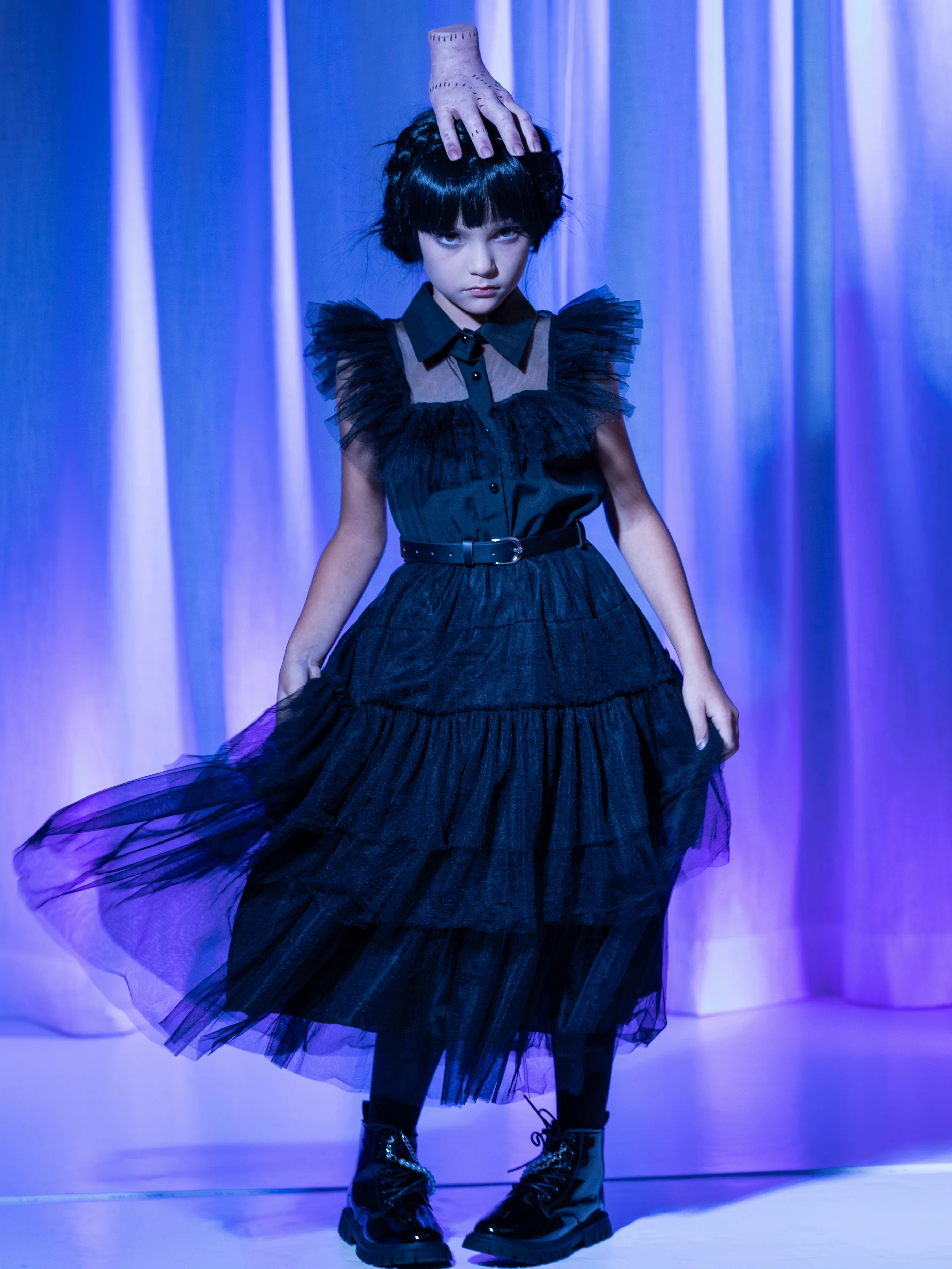 Girls Wednesday Prom Dance Tulle Costume Dress with Belt - Image 6