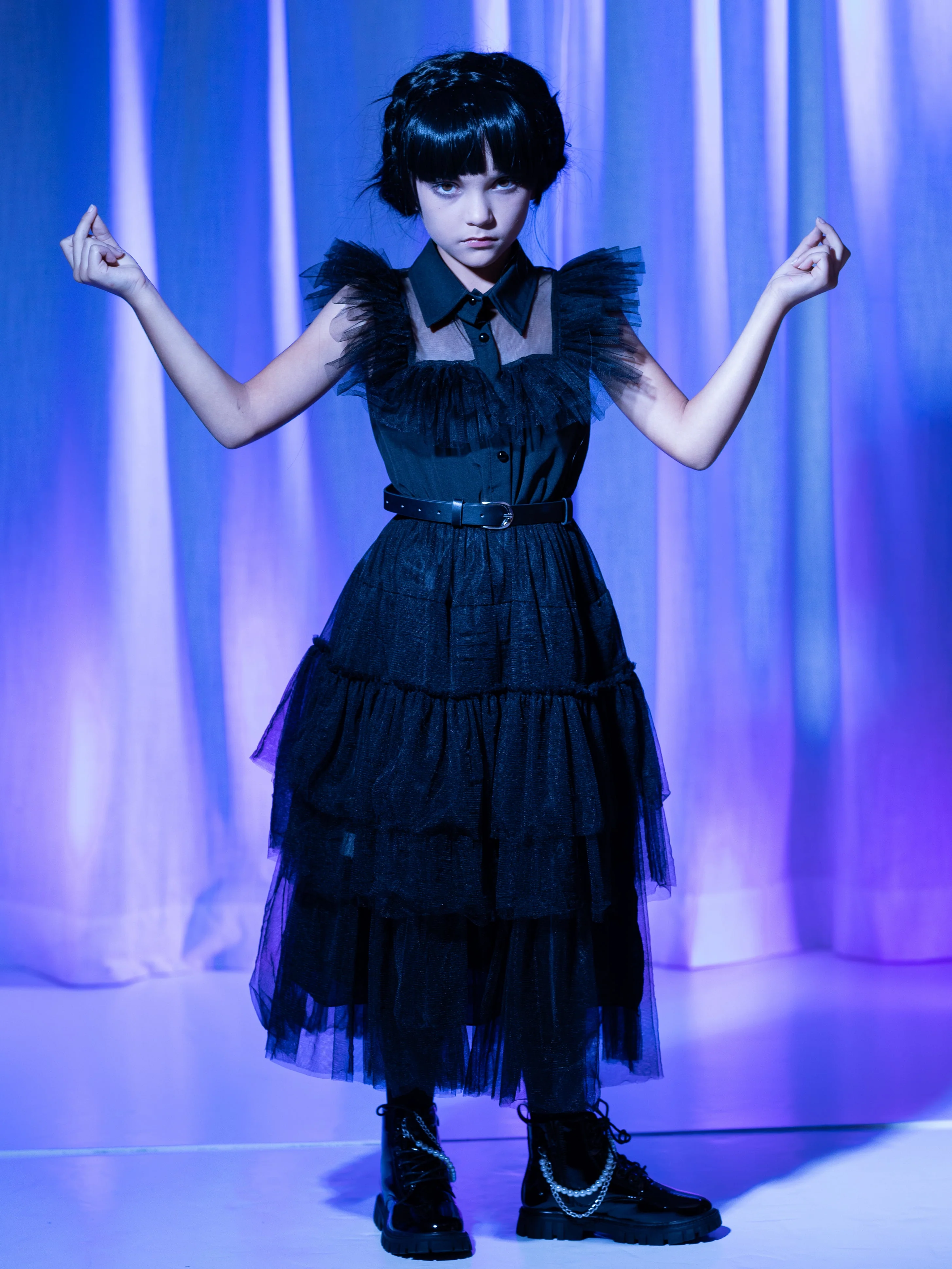 Girls Wednesday Prom Dance Tulle Costume Dress with Belt - Image 8