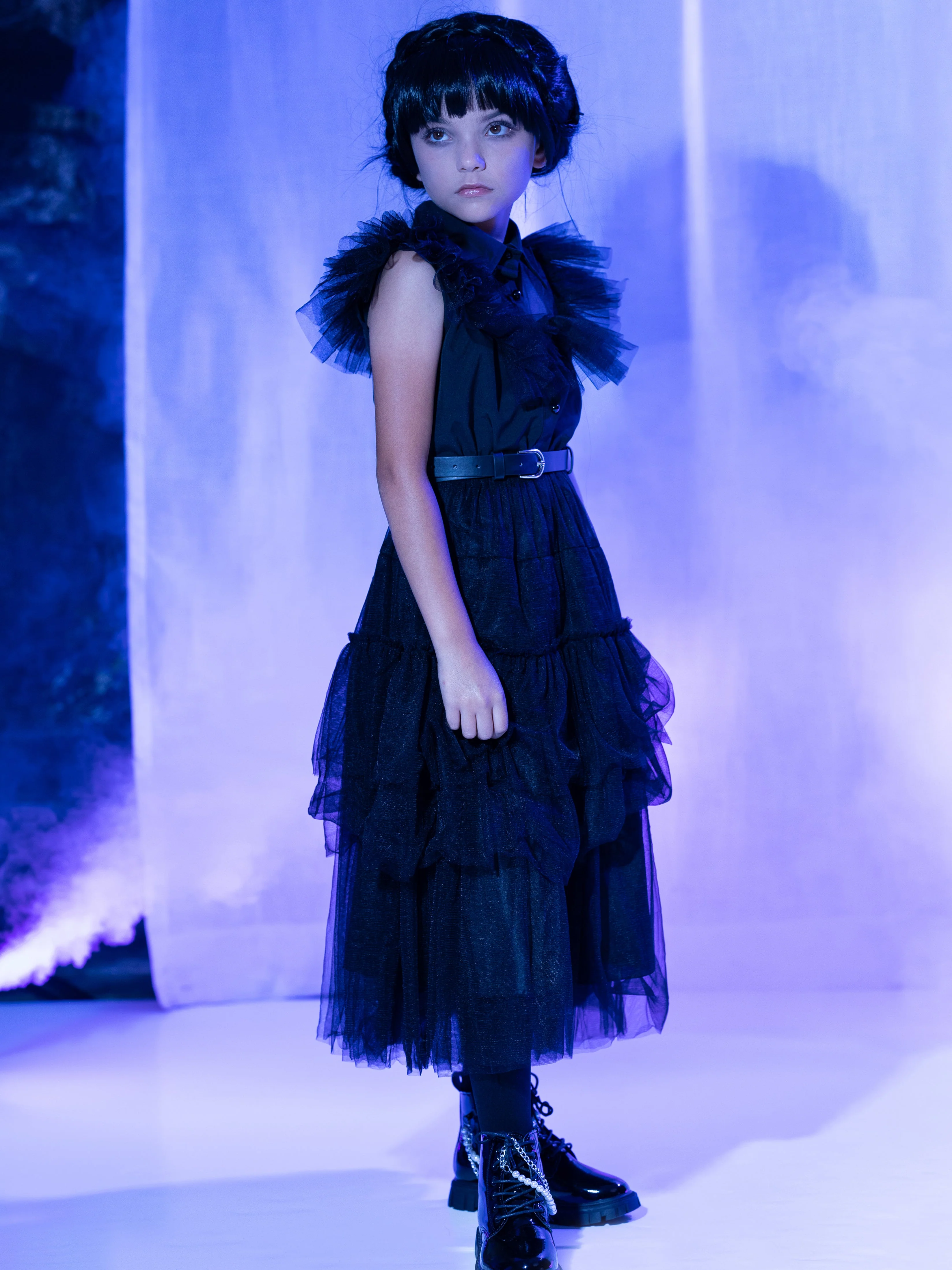Girls Wednesday Prom Dance Tulle Costume Dress with Belt - Image 9