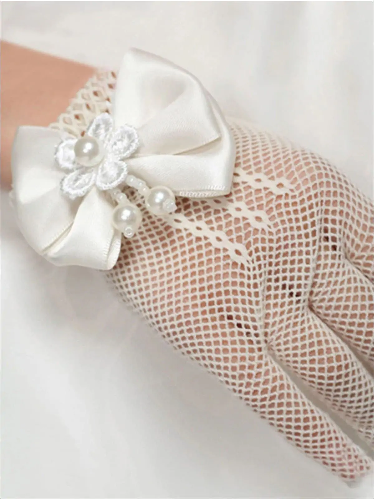 Girls White Pearled Bow Fishnet Gloves - Image 2