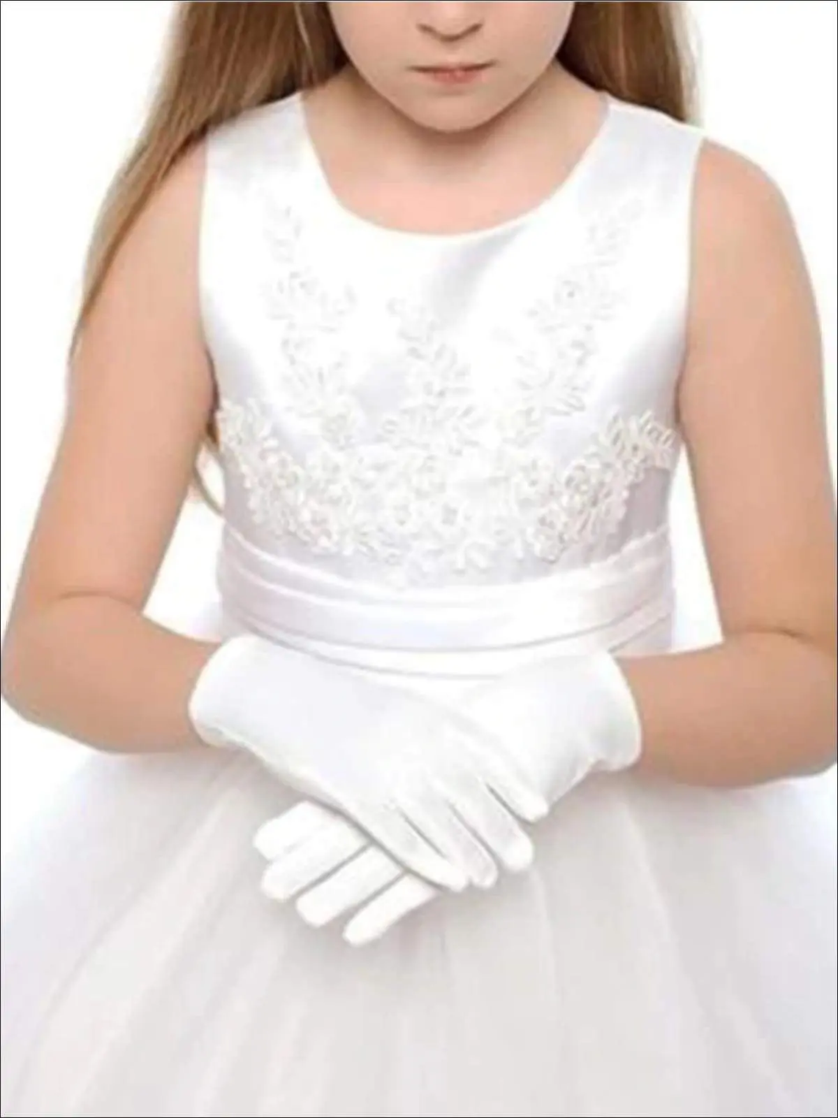 Girls White Satin Wrist Length Gloves - Image 2