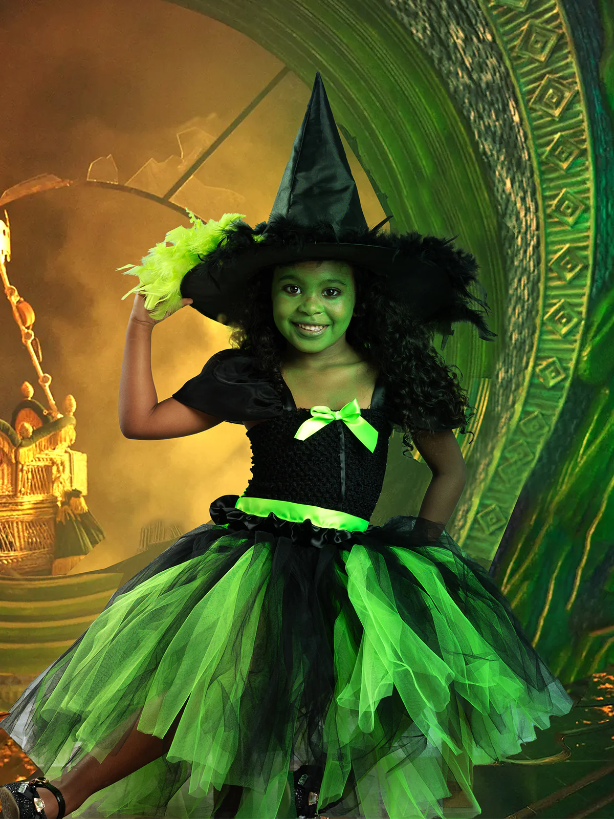 Girls Wicked Green Witch Costume Dress with Hat - Image 2
