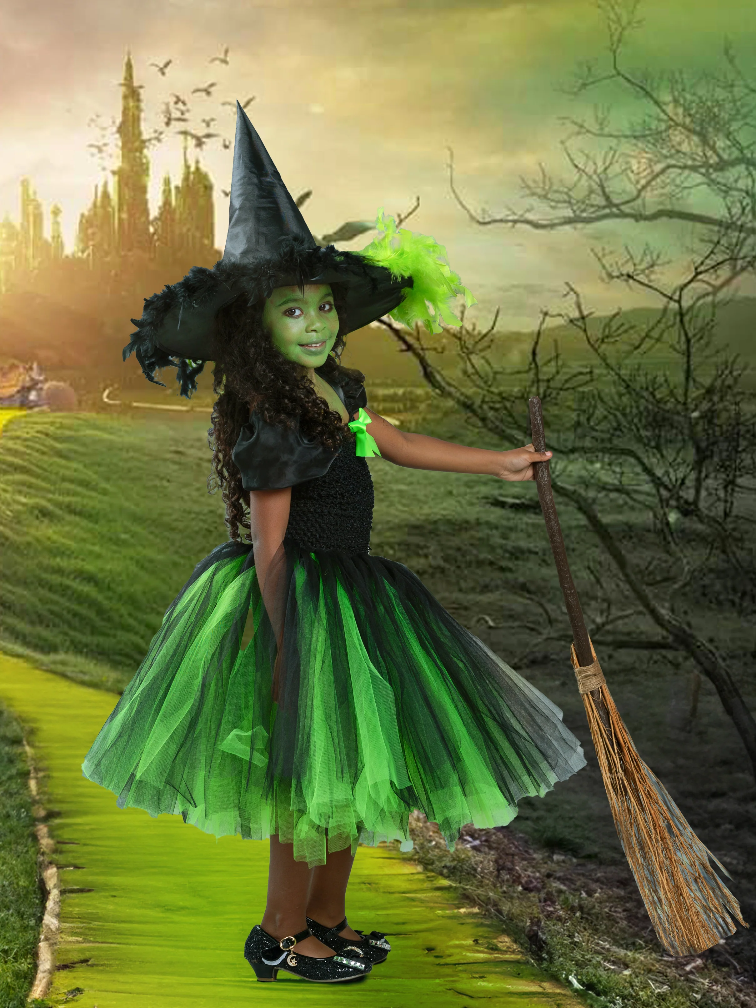Girls Wicked Green Witch Costume Dress with Hat - Image 3