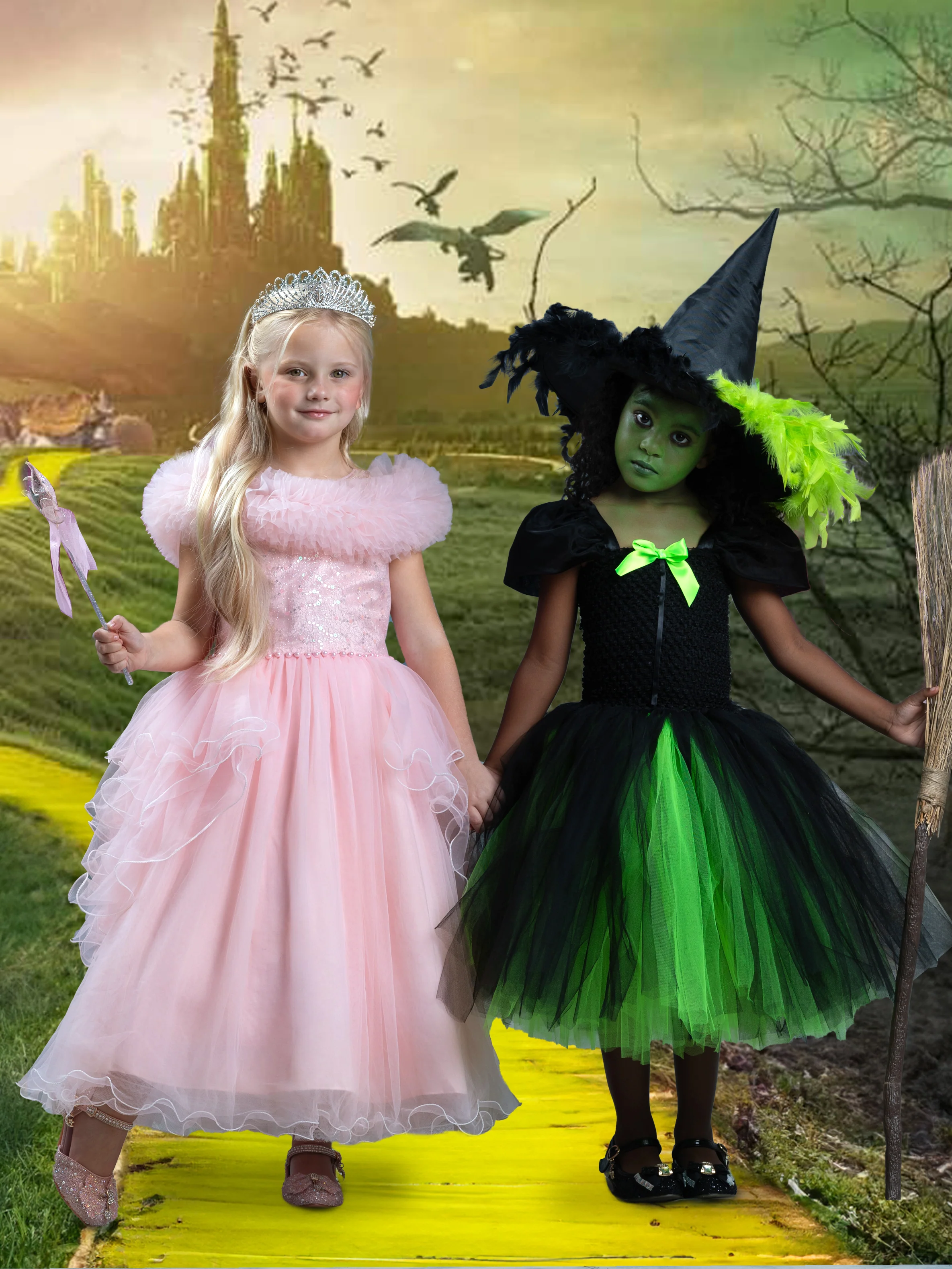 Girls Wicked Green Witch Costume Dress with Hat - Image 5
