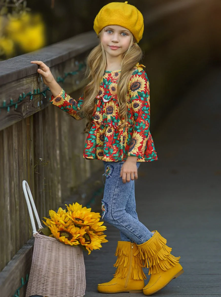 Sunflowers In Fall Patched Jeans Set - Image 2