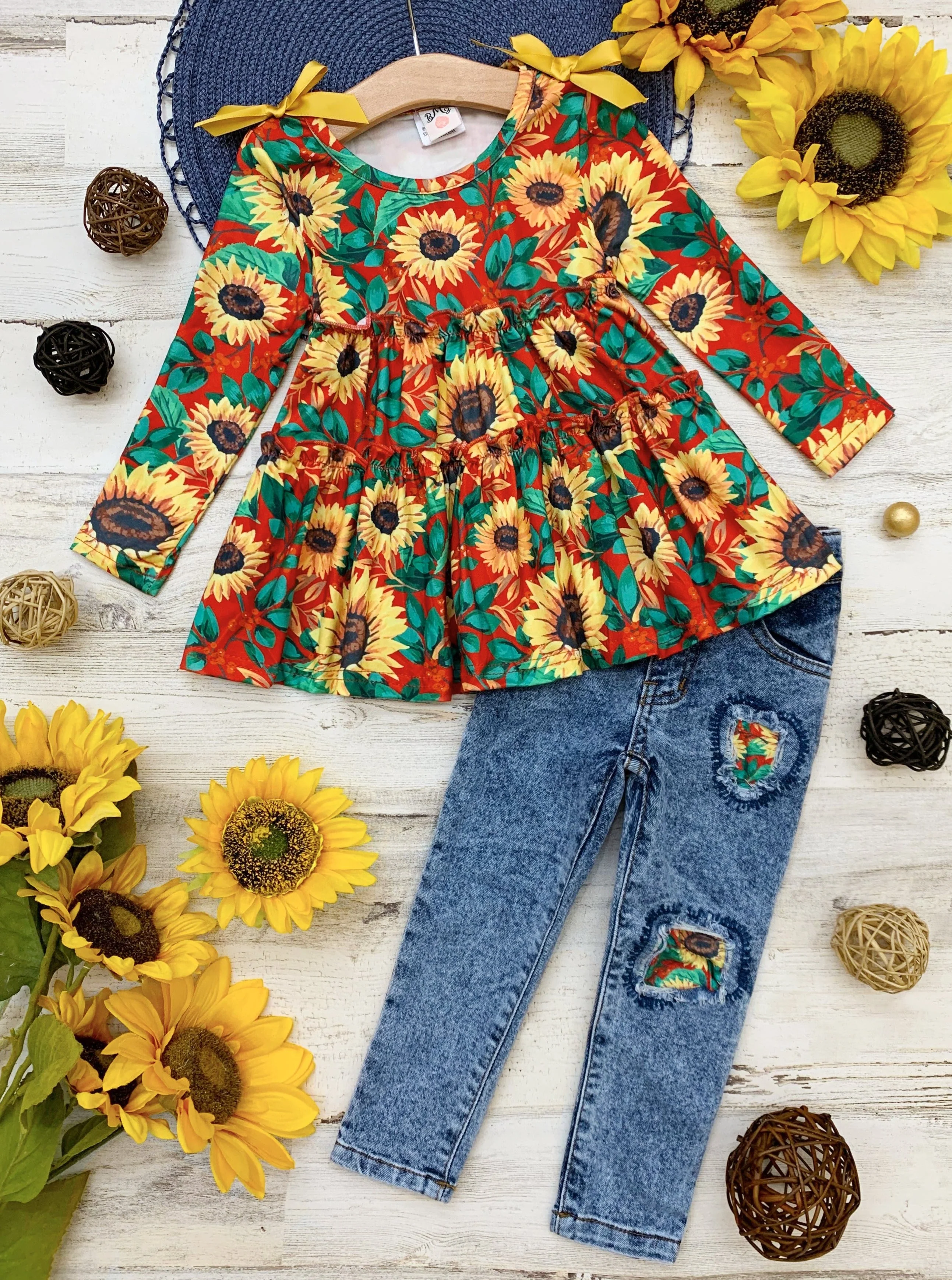 Sunflowers In Fall Patched Jeans Set - Image 3