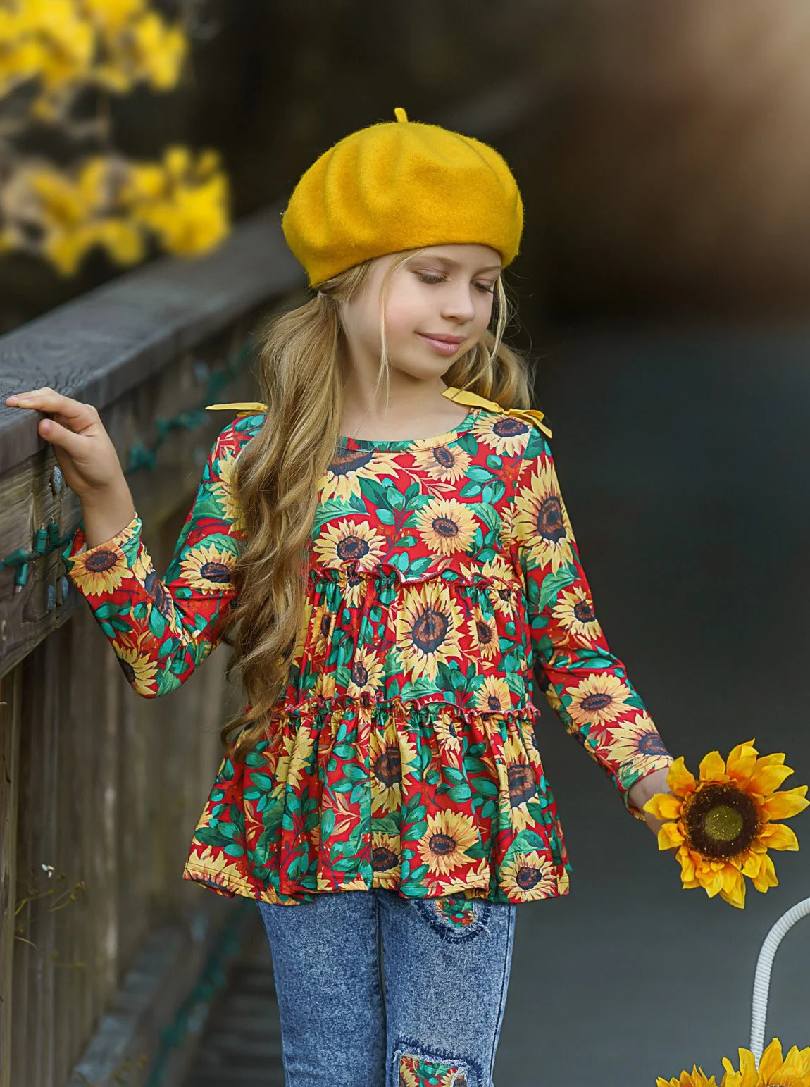 Sunflowers In Fall Patched Jeans Set - Image 4