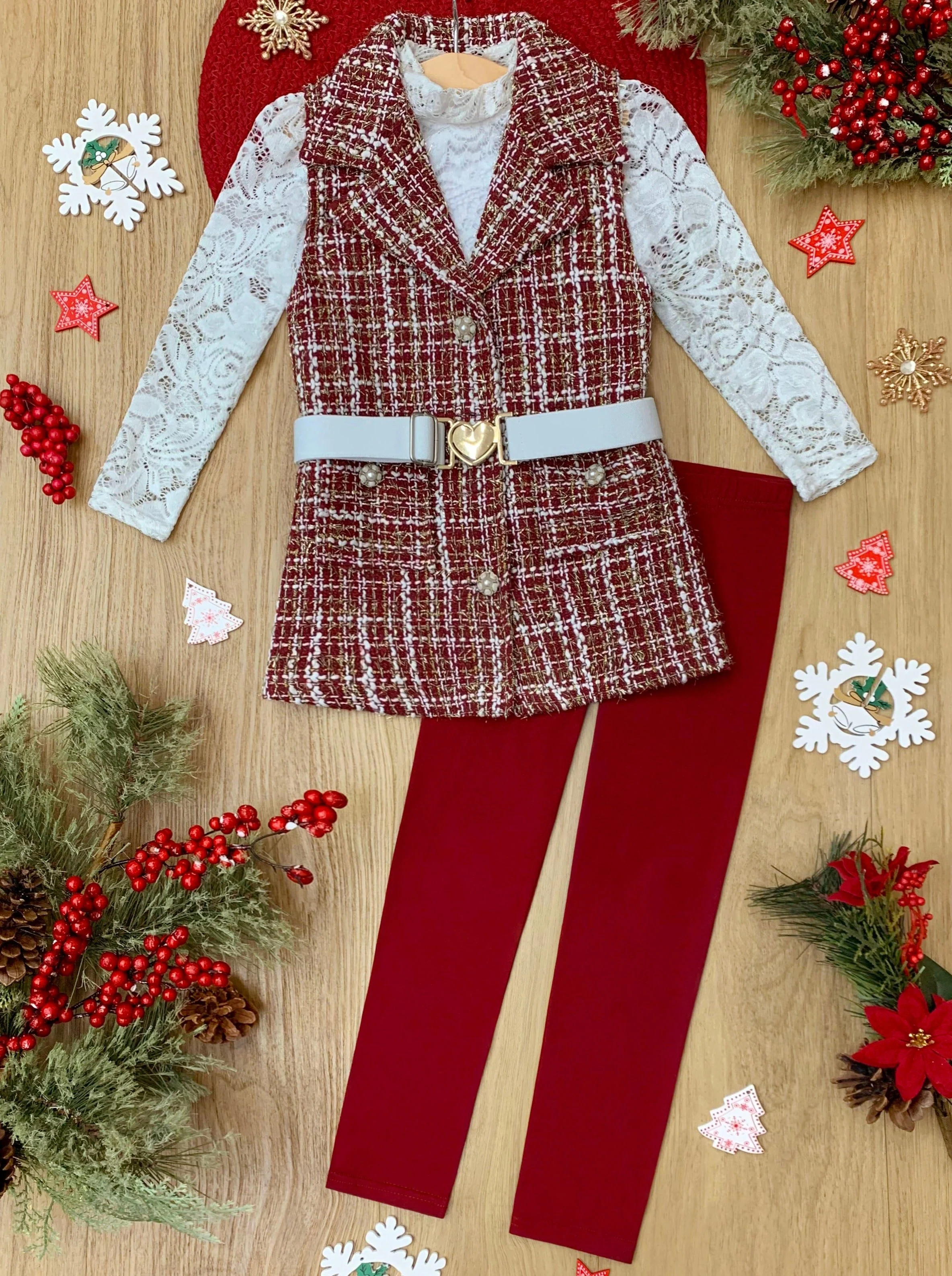 Frosty and Chic White Lace Top, Tweed Vest, Belt and Legging Set - Image 2