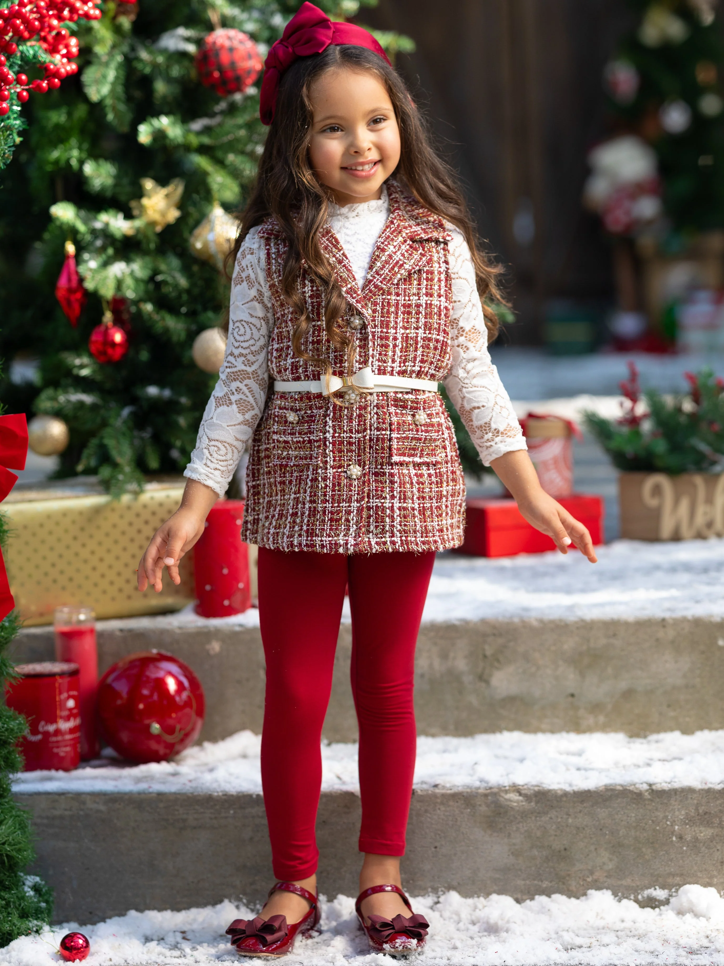 Frosty and Chic White Lace Top, Tweed Vest, Belt and Legging Set - Image 4