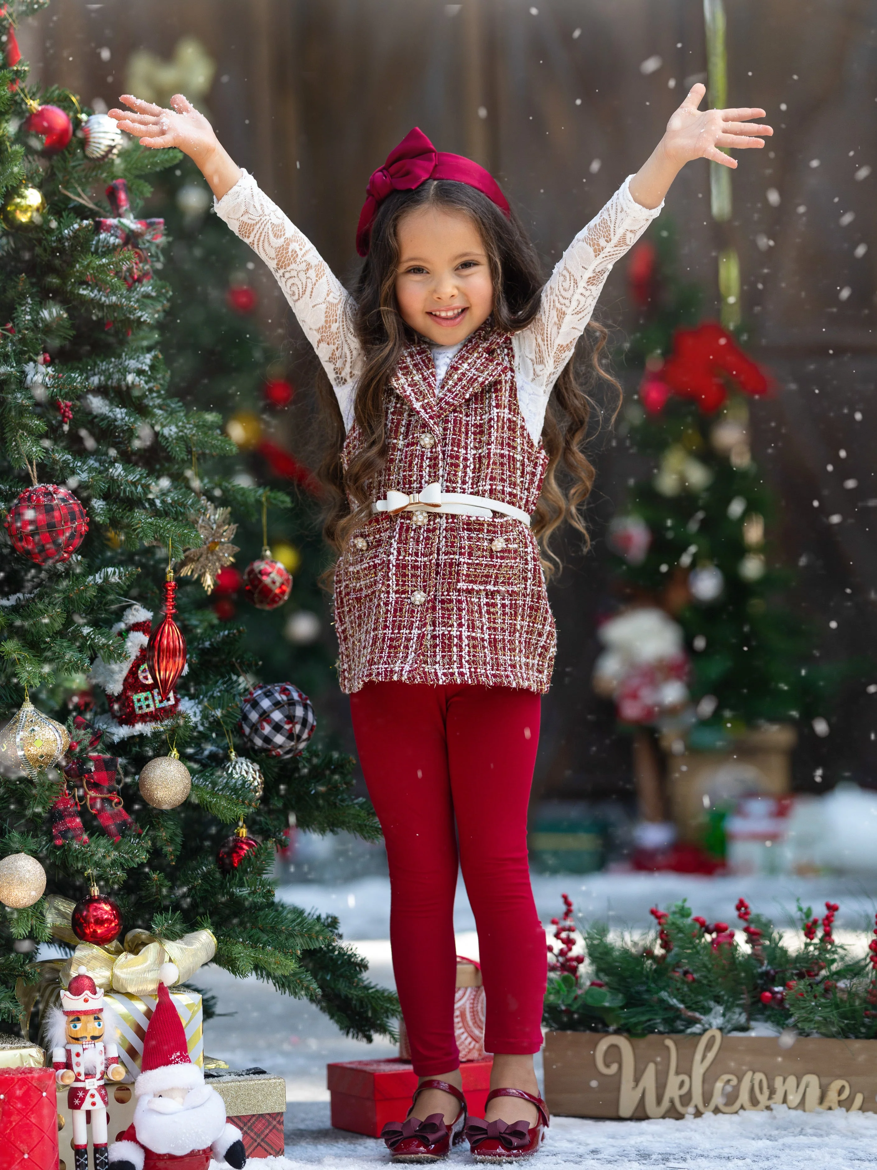 Frosty and Chic White Lace Top, Tweed Vest, Belt and Legging Set - Image 5