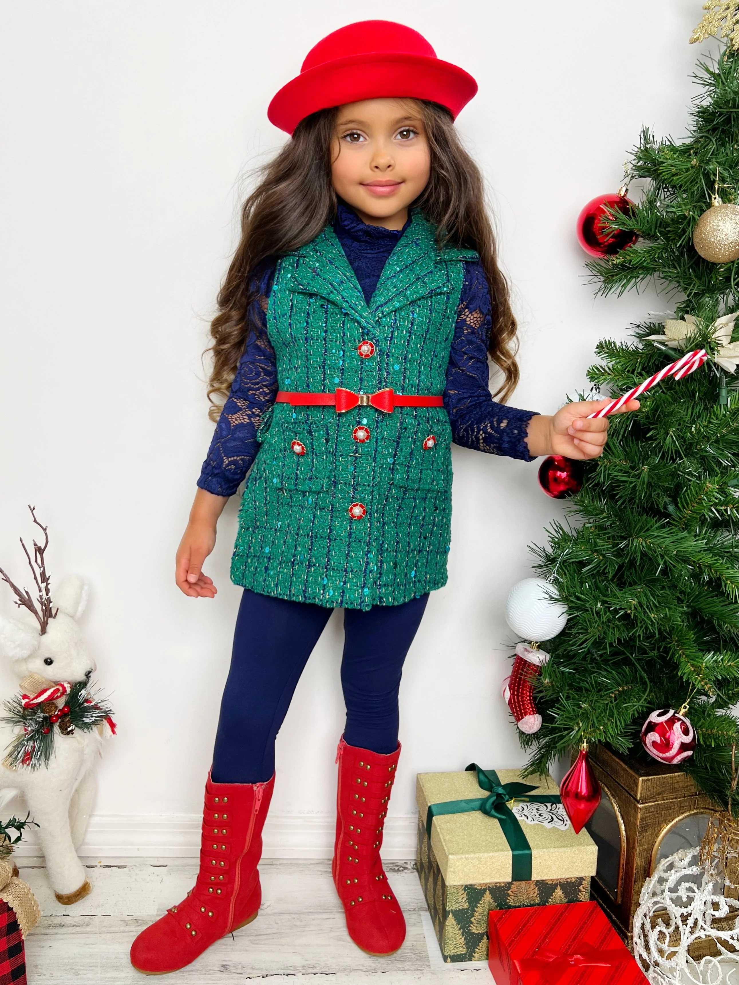 Frosty and Chic Blue Lace Top, Belted Vest, and Legging Set - Image 2