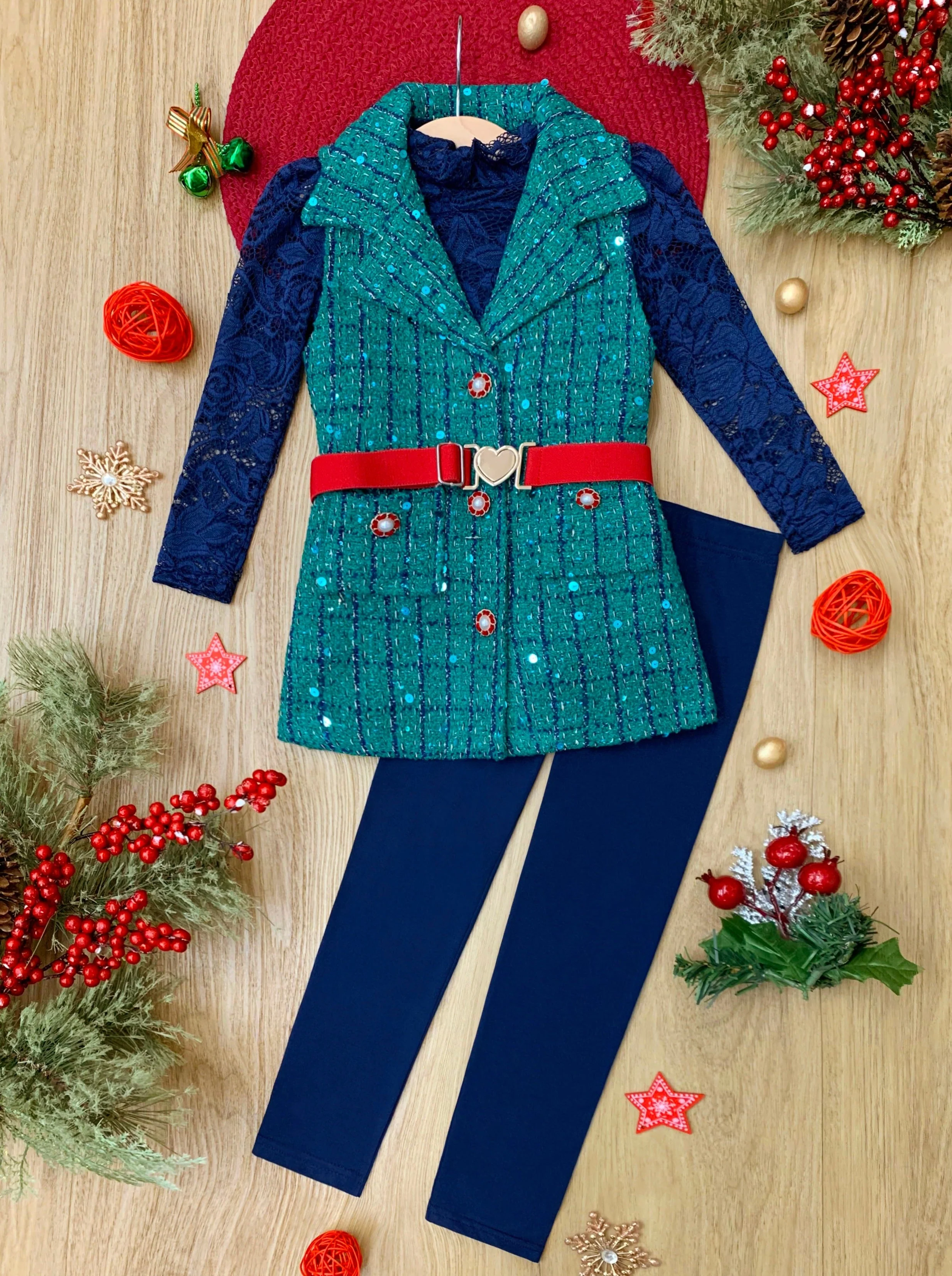Frosty and Chic Blue Lace Top, Belted Vest, and Legging Set - Image 3