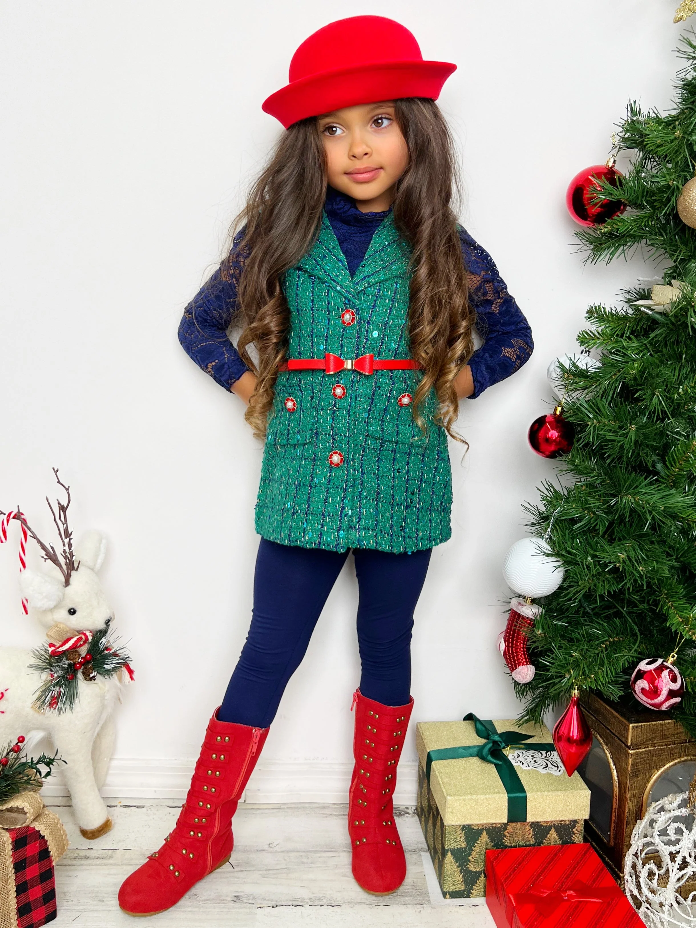 Frosty and Chic Blue Lace Top, Belted Vest, and Legging Set - Image 4