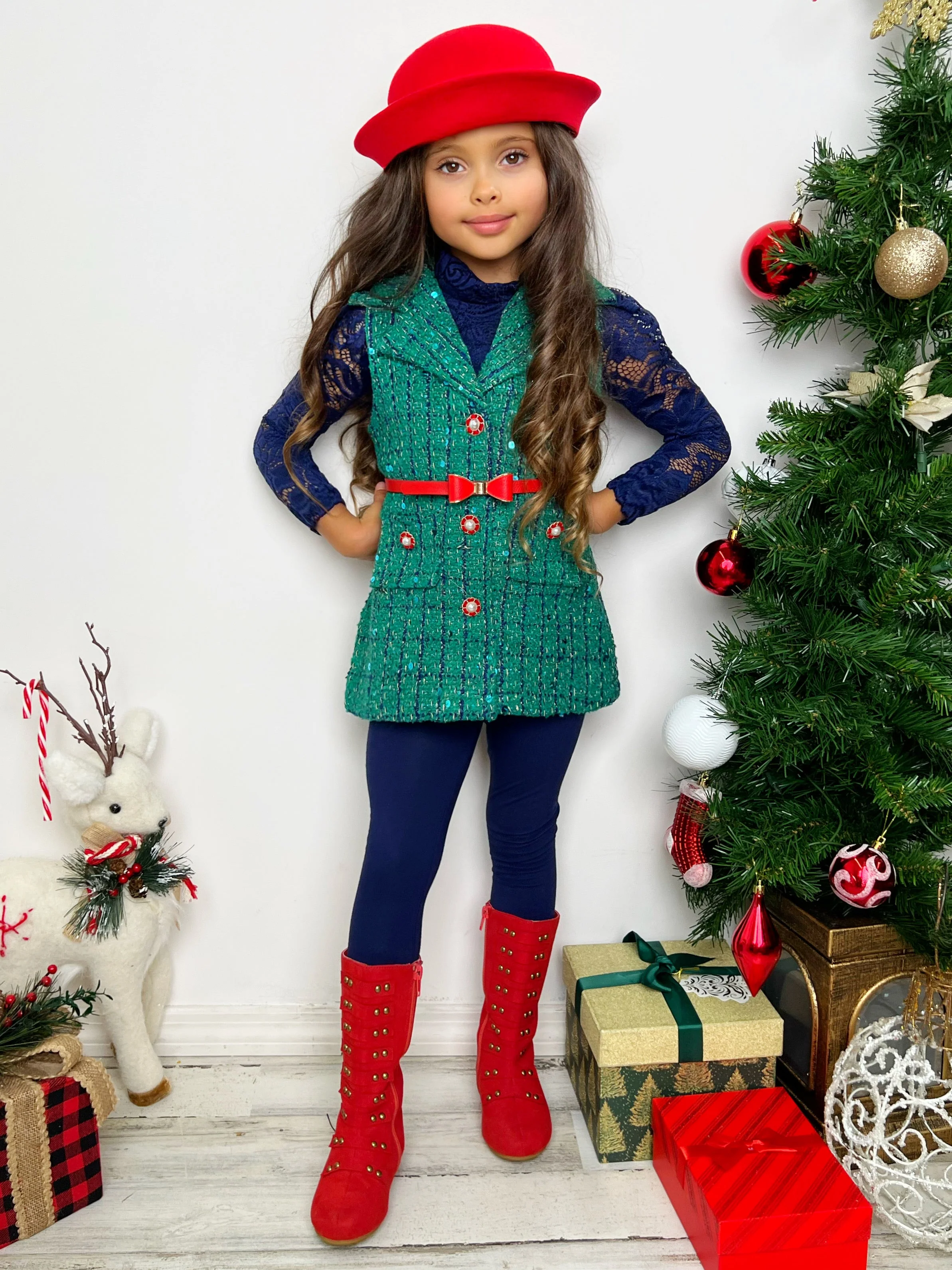 Frosty and Chic Blue Lace Top, Belted Vest, and Legging Set - Image 5