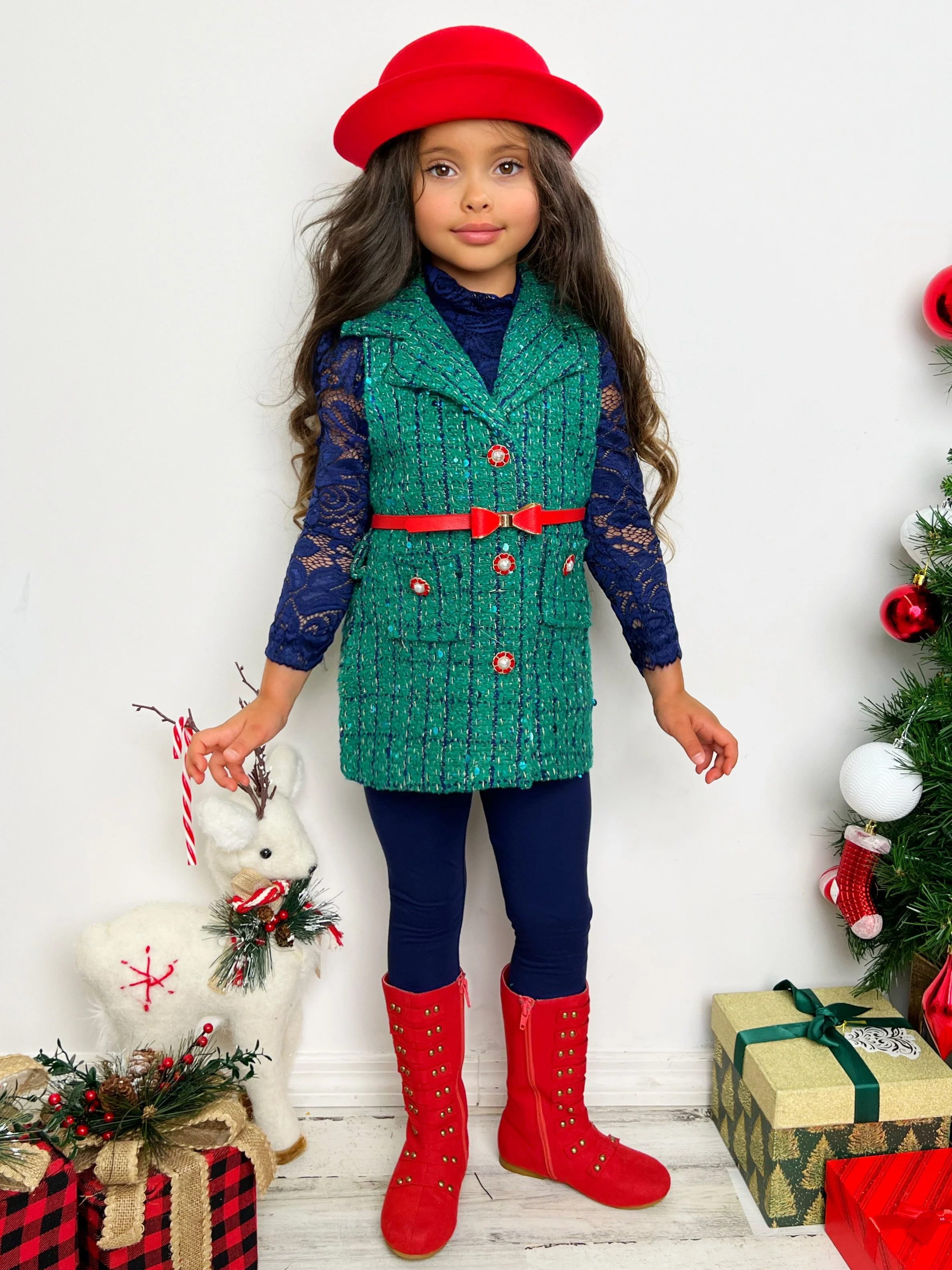 Frosty and Chic Blue Lace Top, Belted Vest, and Legging Set - Image 6