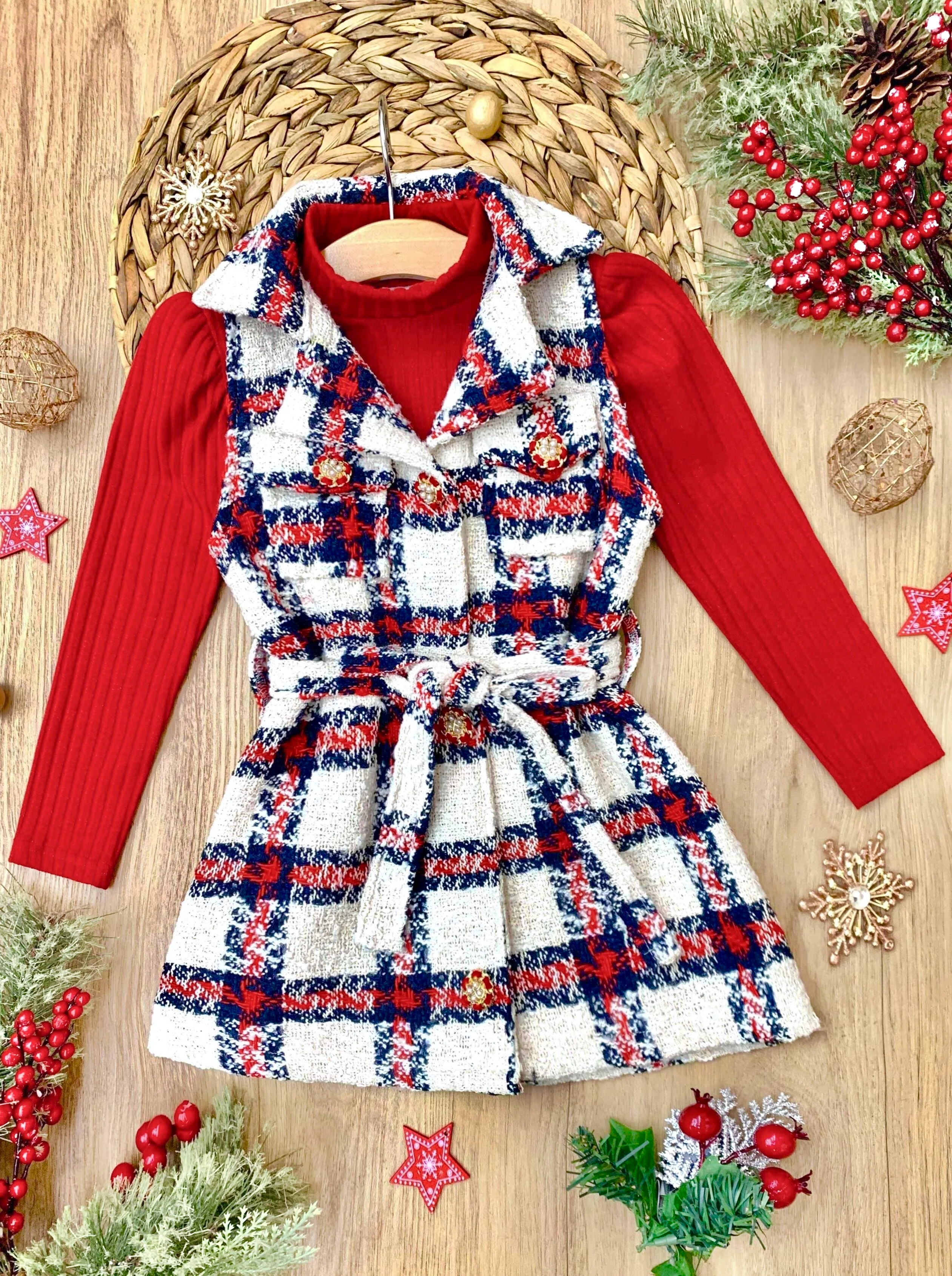 Make Santa Proud Turtleneck Top And Belted Plaid Dress Set - Image 5