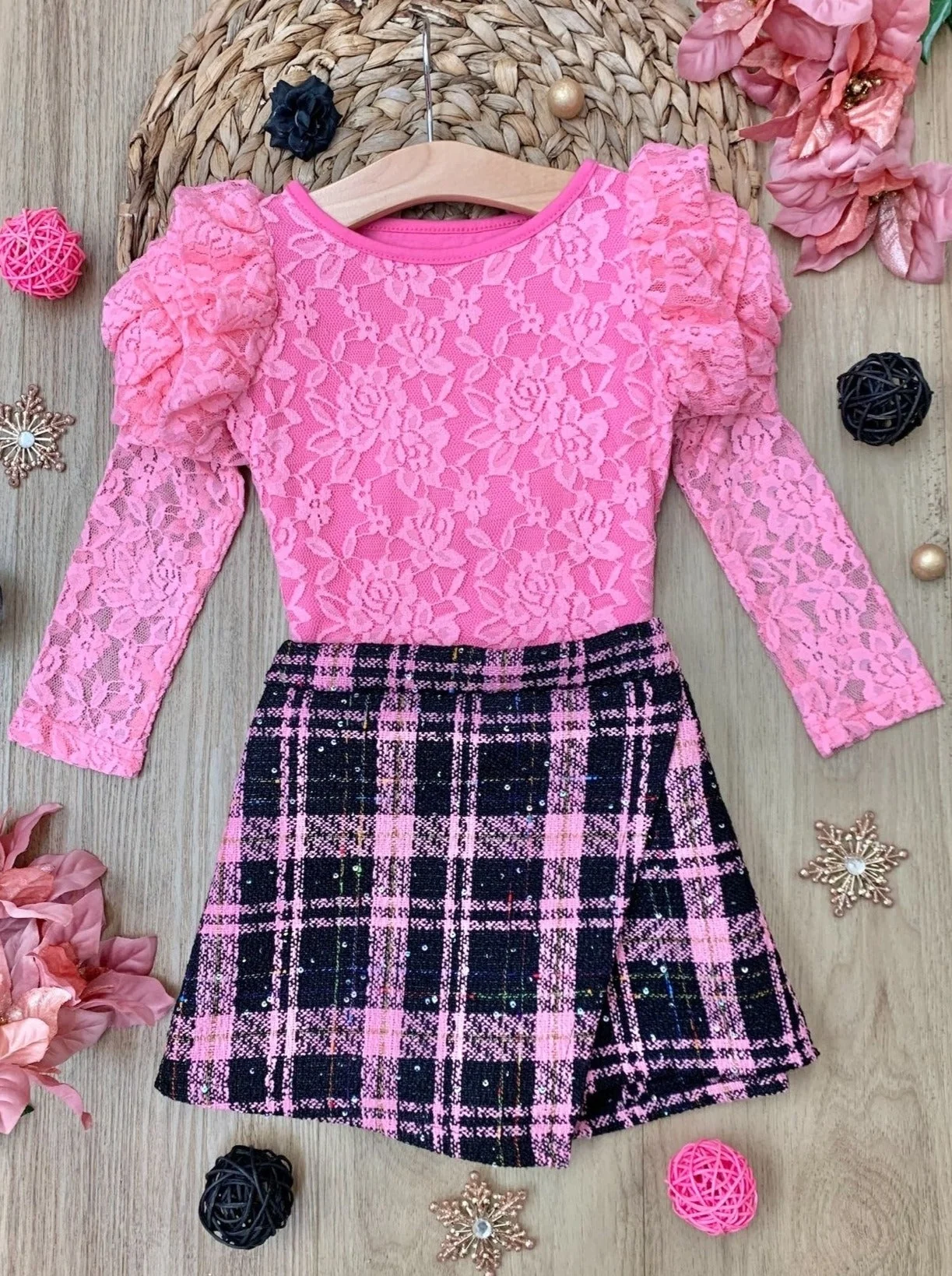 Rosy Daydream Pink Rosette Sleeve Lace Top and Skort Set - Image 2