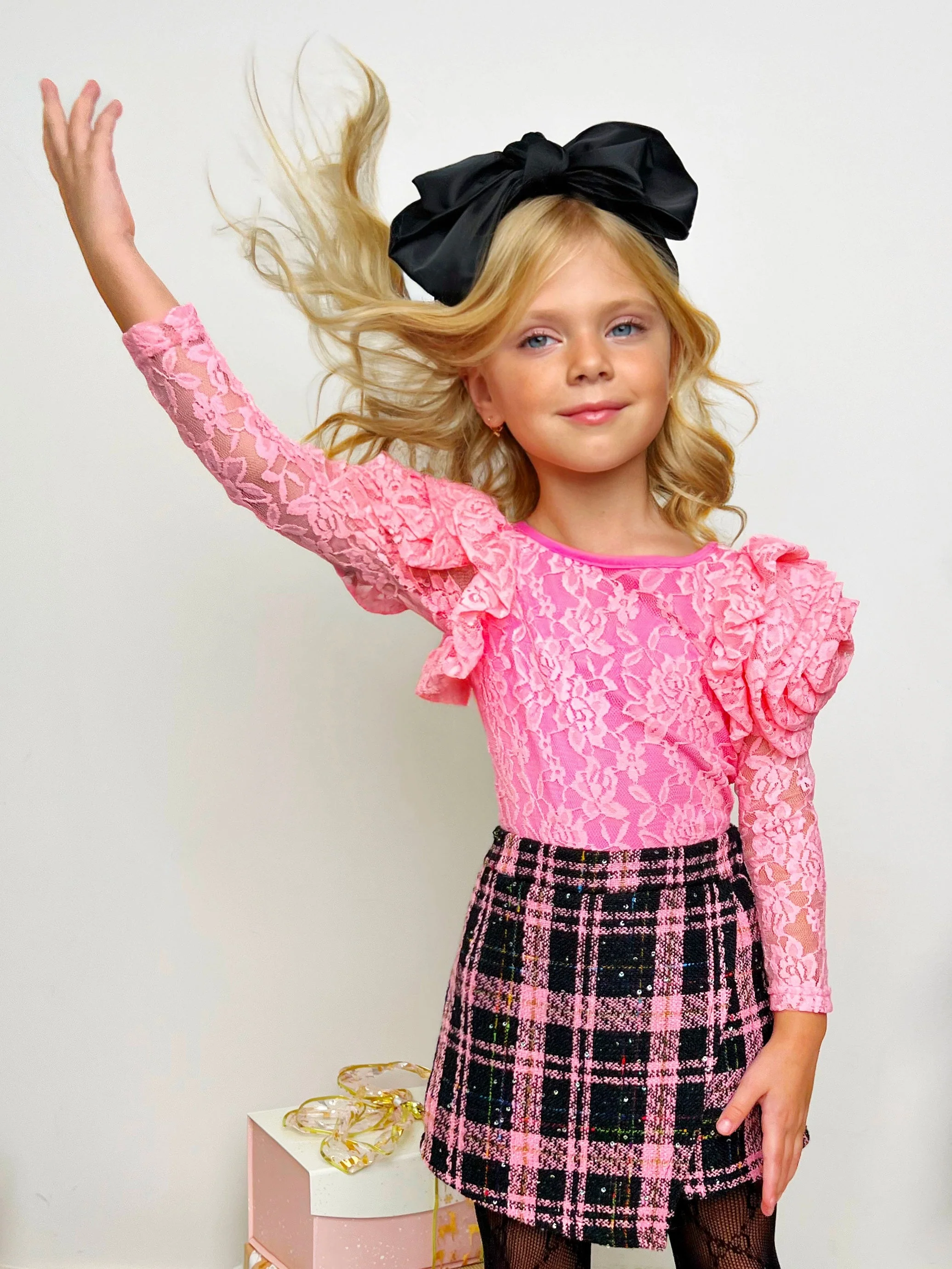 Rosy Daydream Pink Rosette Sleeve Lace Top and Skort Set - Image 5