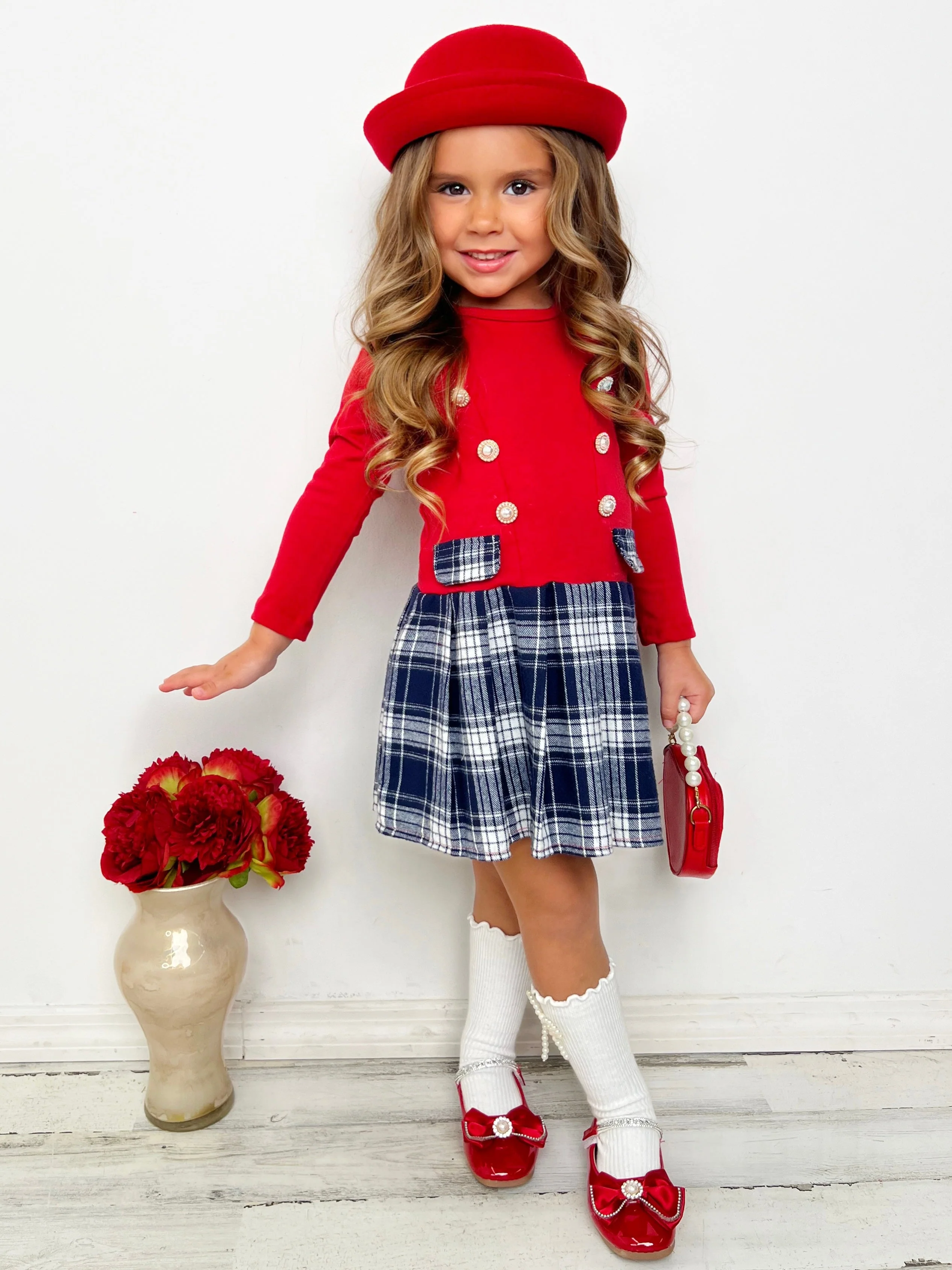 Festive Flair Long Sleeve Plaid Pleated Dress - Image 2