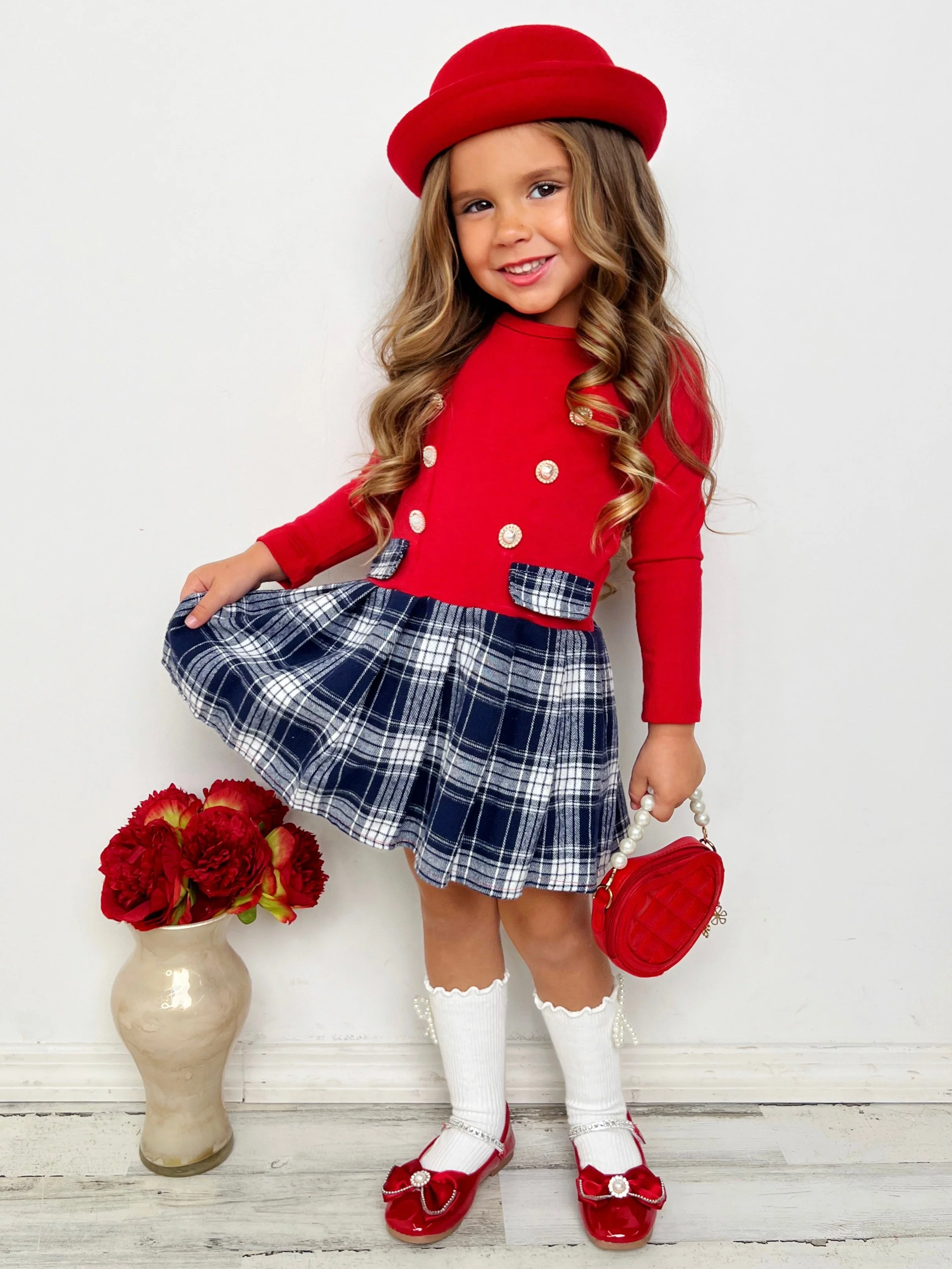 Festive Flair Long Sleeve Plaid Pleated Dress - Image 3